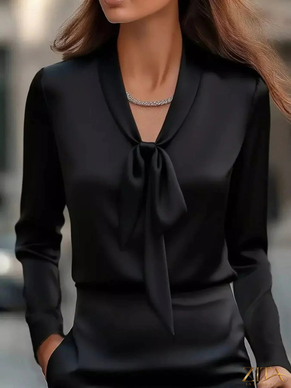 Zita La Belle Elite satin tie-front long sleeve blouse with a stylish collar and elegant design, shown in the product image.