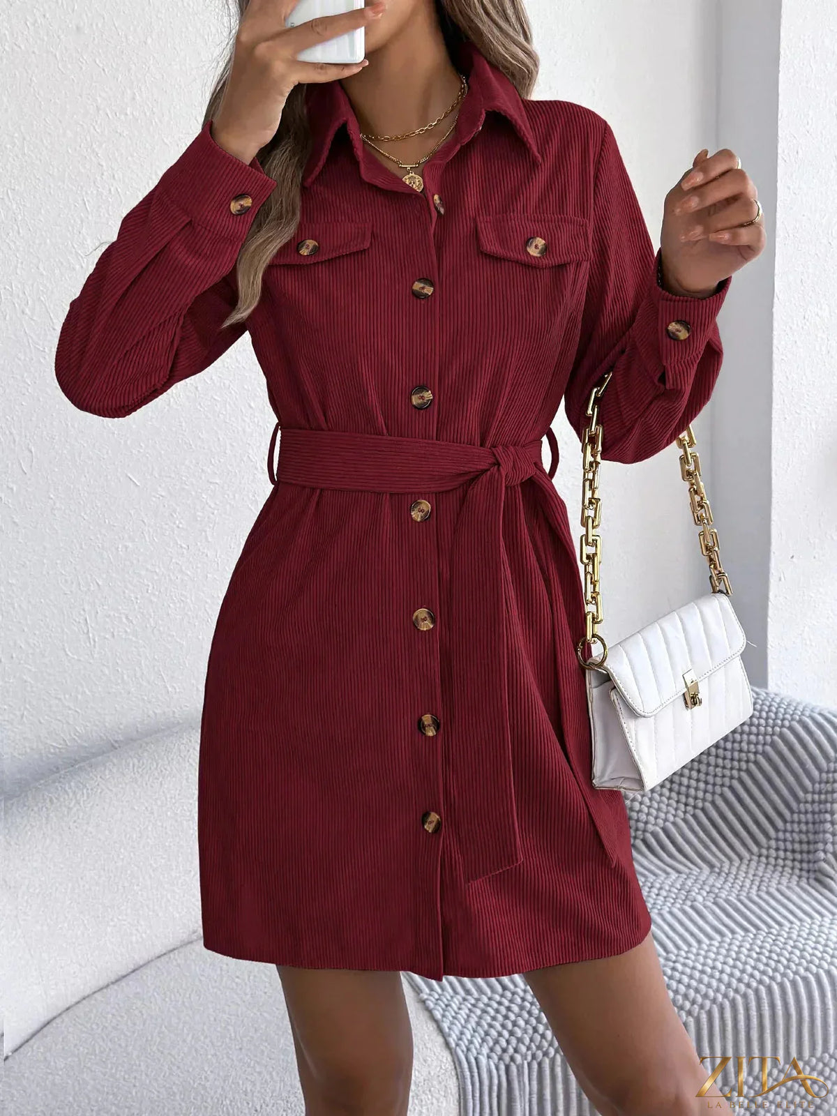 Zita La Belle Elite corduroy button-down shirt dress in earthy tones, featuring long sleeves and a relaxed fit.