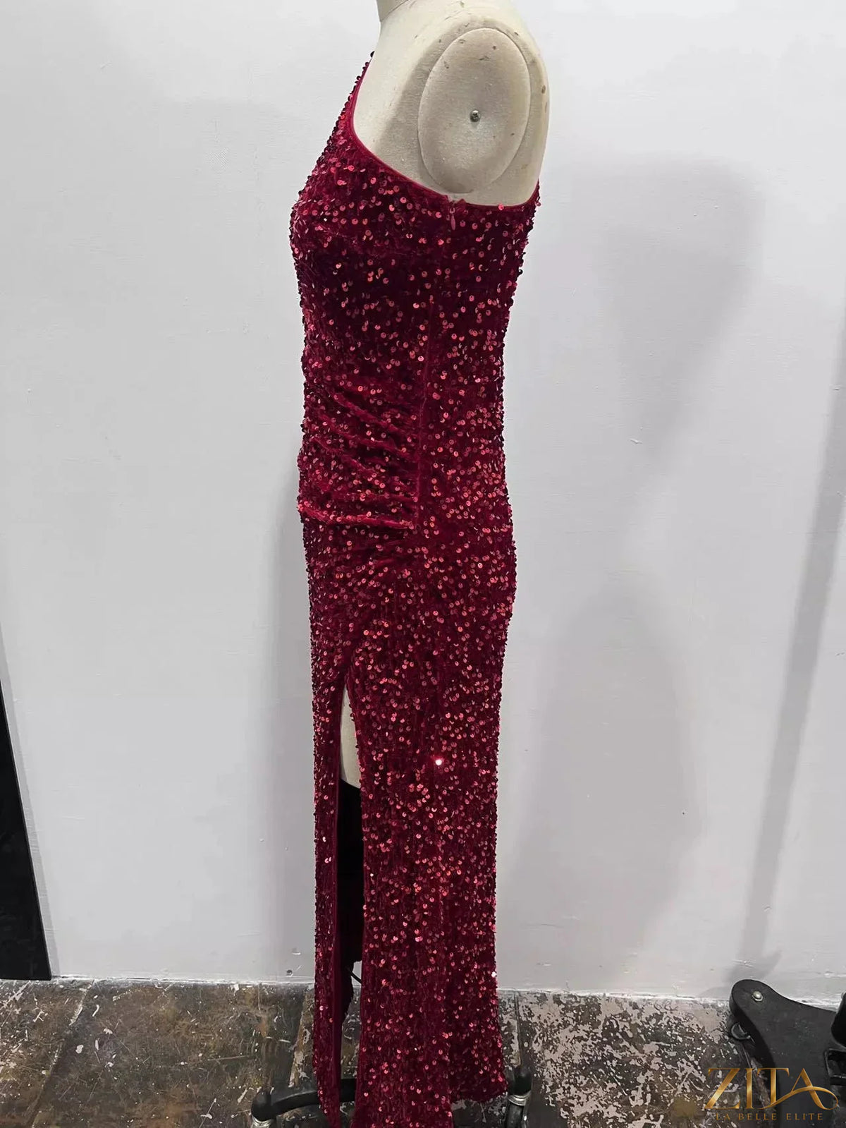 Zita La Belle Elite one-shoulder ruched sequin evening dress with high slit, elegant and glamorous for formal occasions.