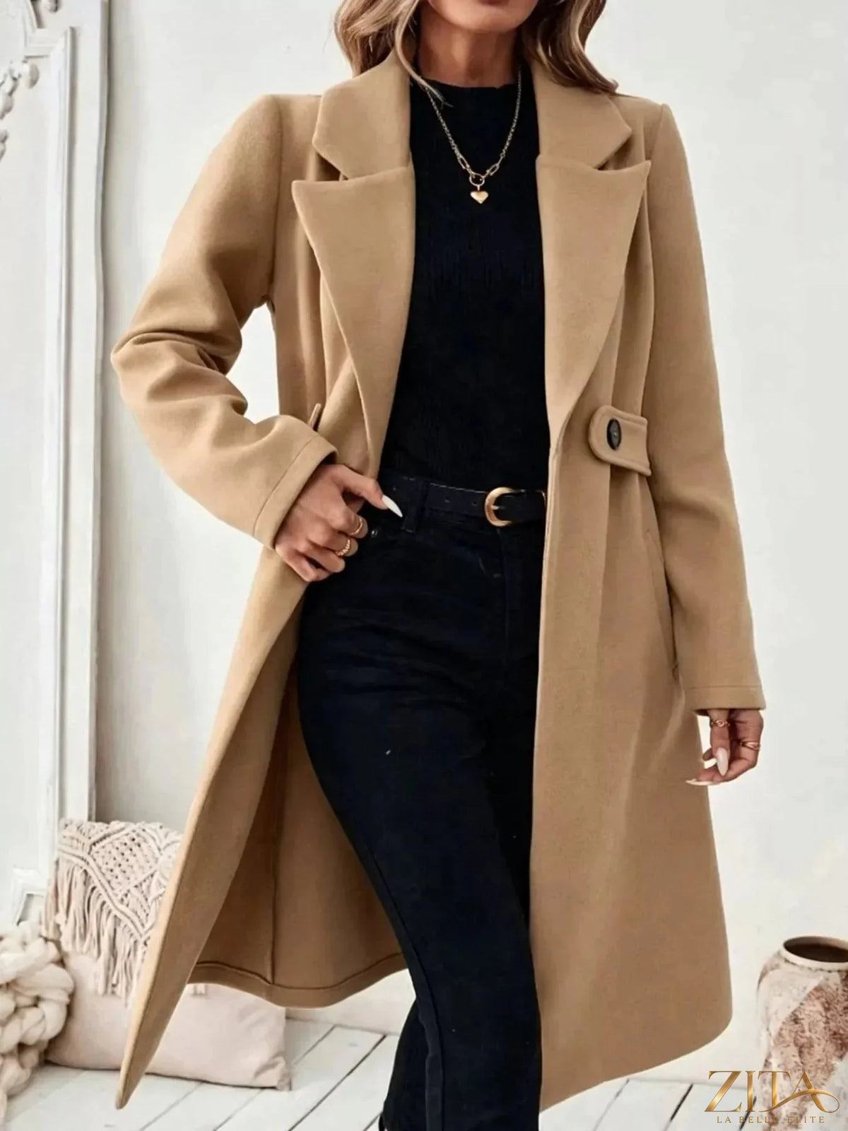 Zita La Belle Elite single-button longline coat in neutral fabric, tailored with a sleek, minimalist design and clean lines.