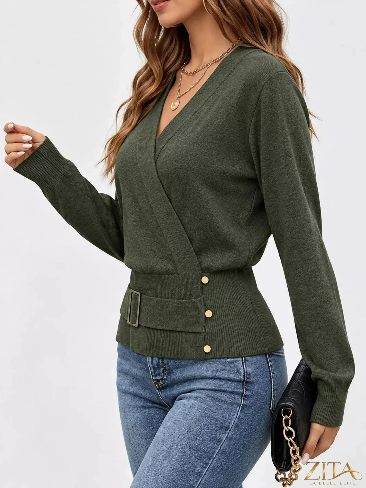 Zita La Belle Elite surplice long sleeve knit top with elastic waist, featuring a stylish, fitted design in soft fabric.