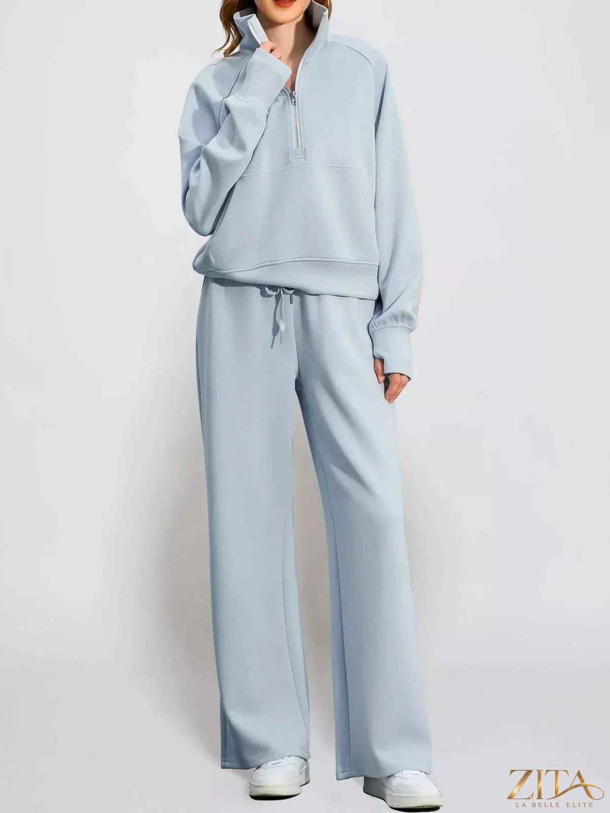 Zita La Belle Elite half-zip sweatshirt and wide-leg pants set in soft, comfortable fabric, shown on a model against a neutral background.