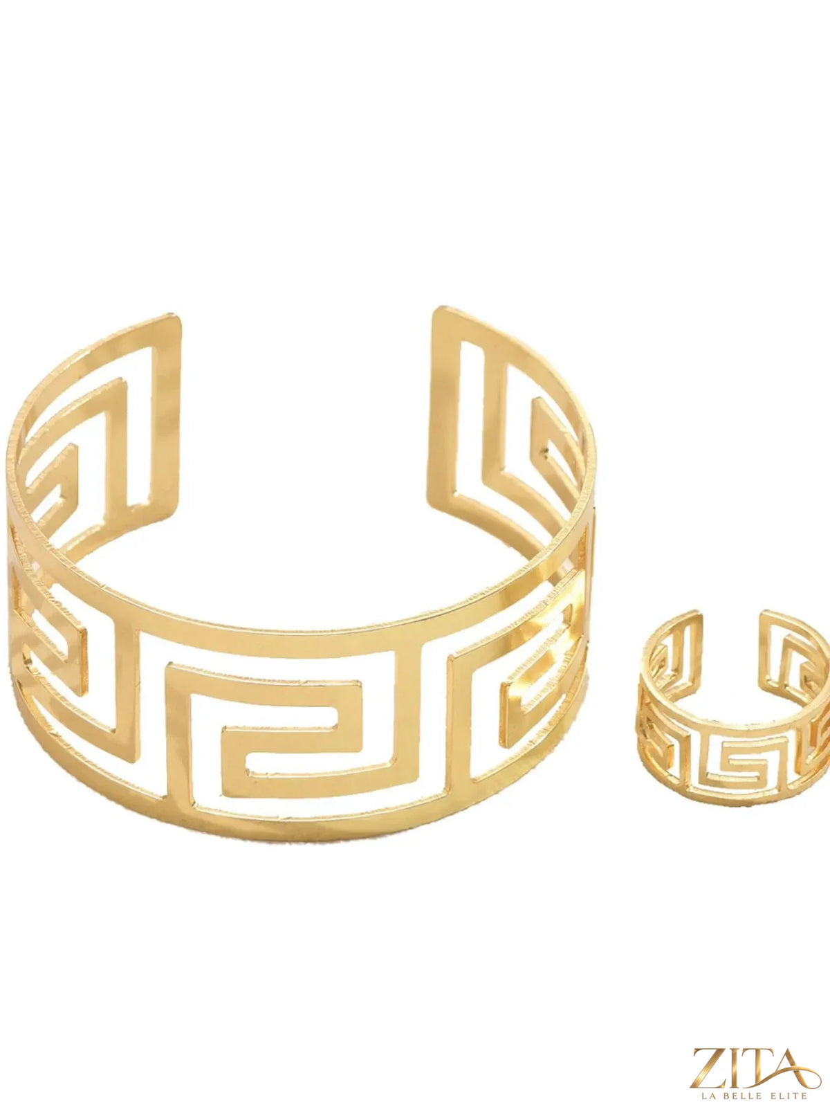 18K gold-plated geometric bracelet and ring set featuring modern, stylish jewelry by Zita La Belle Elite.