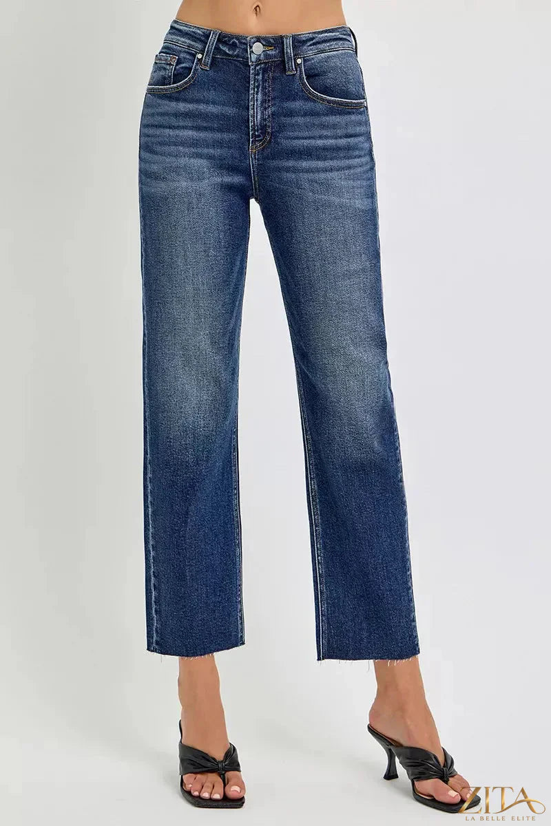 Zita La Belle Elite RISEN high rise slim barrel jeans in dark denim, showing a close-up of the fit and stitching details.
