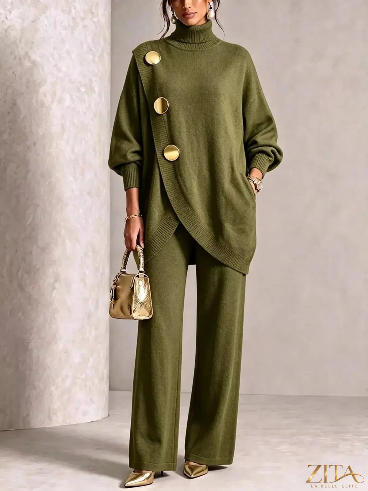 Gold button accent turtleneck sweater and pants set by Trendsi featuring a cozy turtleneck, gold buttons, and matching stylish pants.