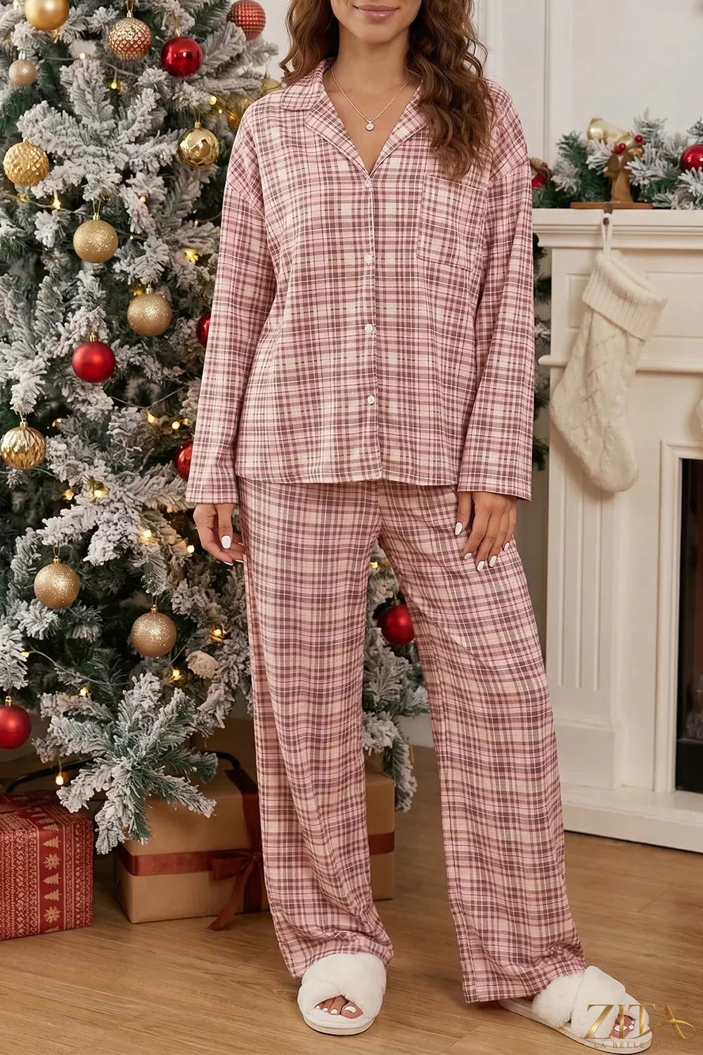 Zita La Belle Elite plaid patch pockets long sleeve lounge set, two-piece set with a cozy plaid design and relaxed fit.
