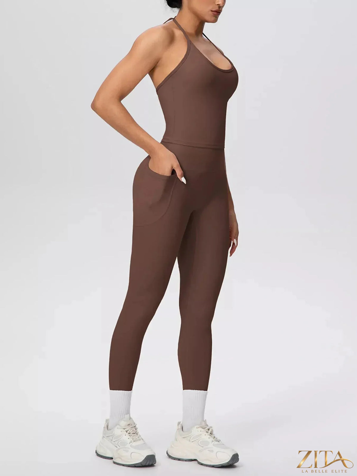 Zita La Belle Elite halter neck cami top and high-waisted leggings active set on a model, perfect for workout or casual wear.