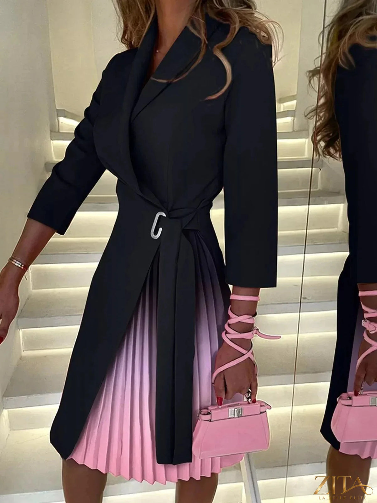 Zita La Belle Elite blazer style pleated midi dress with structured blazer top and flowing pleated skirt, elegant and stylish design