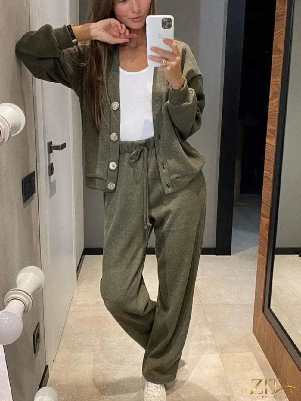 Zita La Belle Elite full size button-up long sleeve top and pants set displayed on a model, featuring a coordinated, stylish outfit.