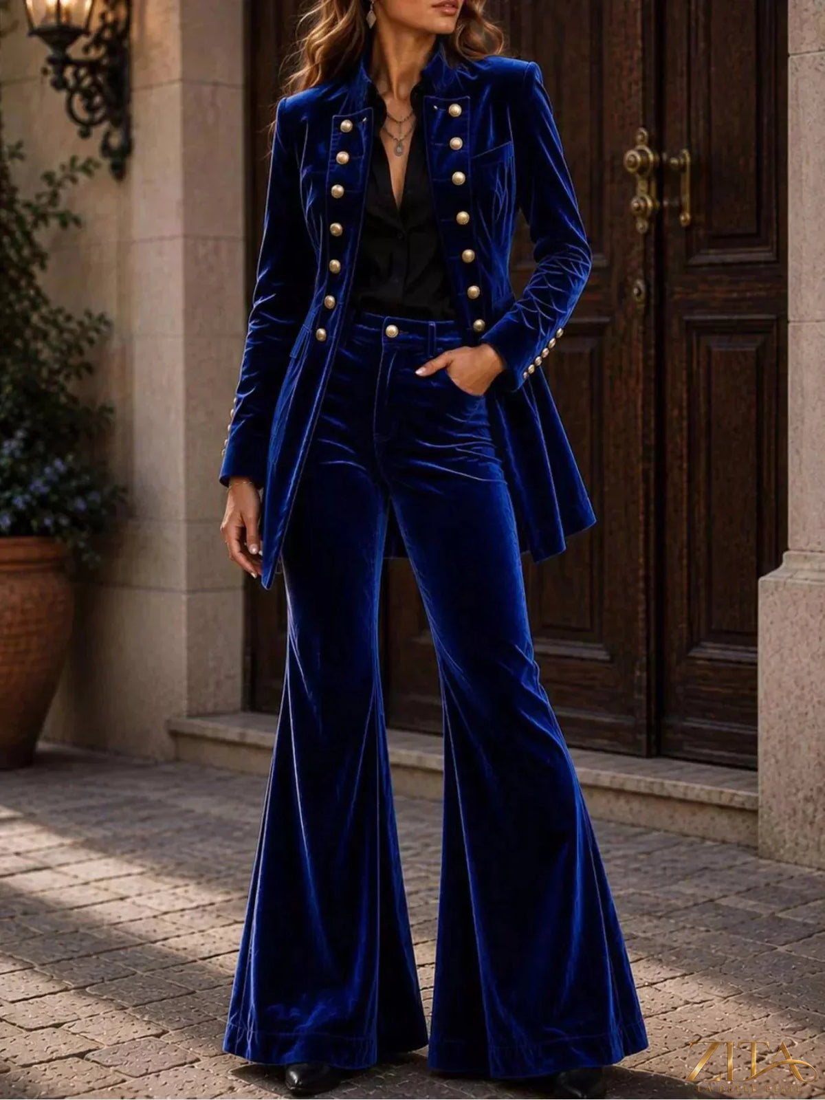 Zita La Belle Elite velvet double-breasted blazer and flare pants set, featuring a tailored blazer and stylish wide-leg pants.