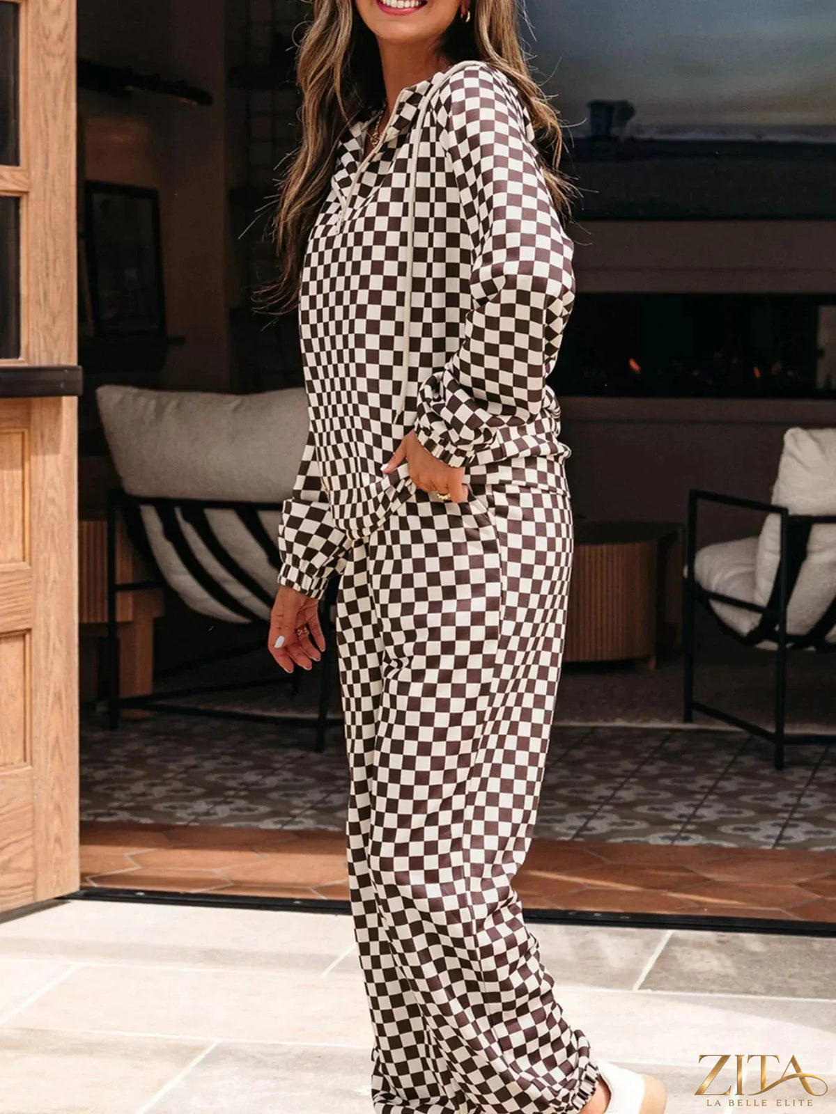 Checkered drawstring hoodie and pants set by Zita La Belle Elite, featuring a stylish casual design and comfortable fit.
