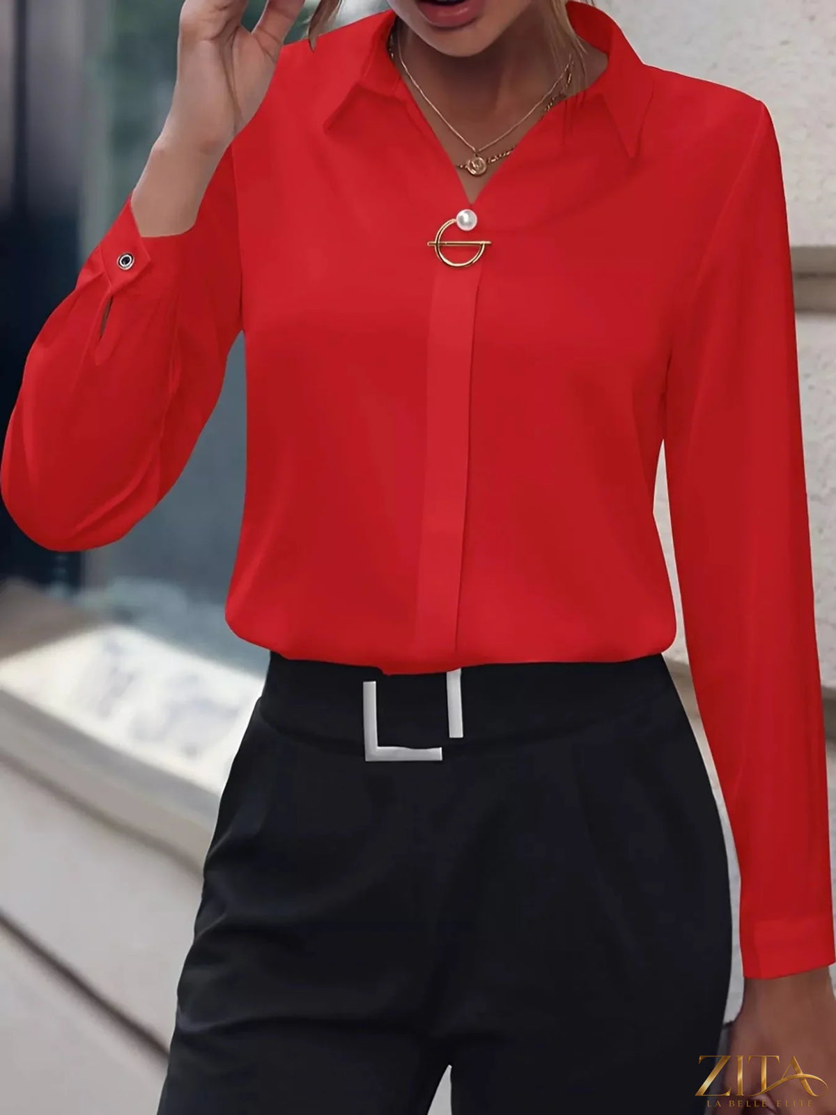 Zita La Belle Elite long sleeve satin blouse in elegant smooth fabric, featuring a classic collar and button front.