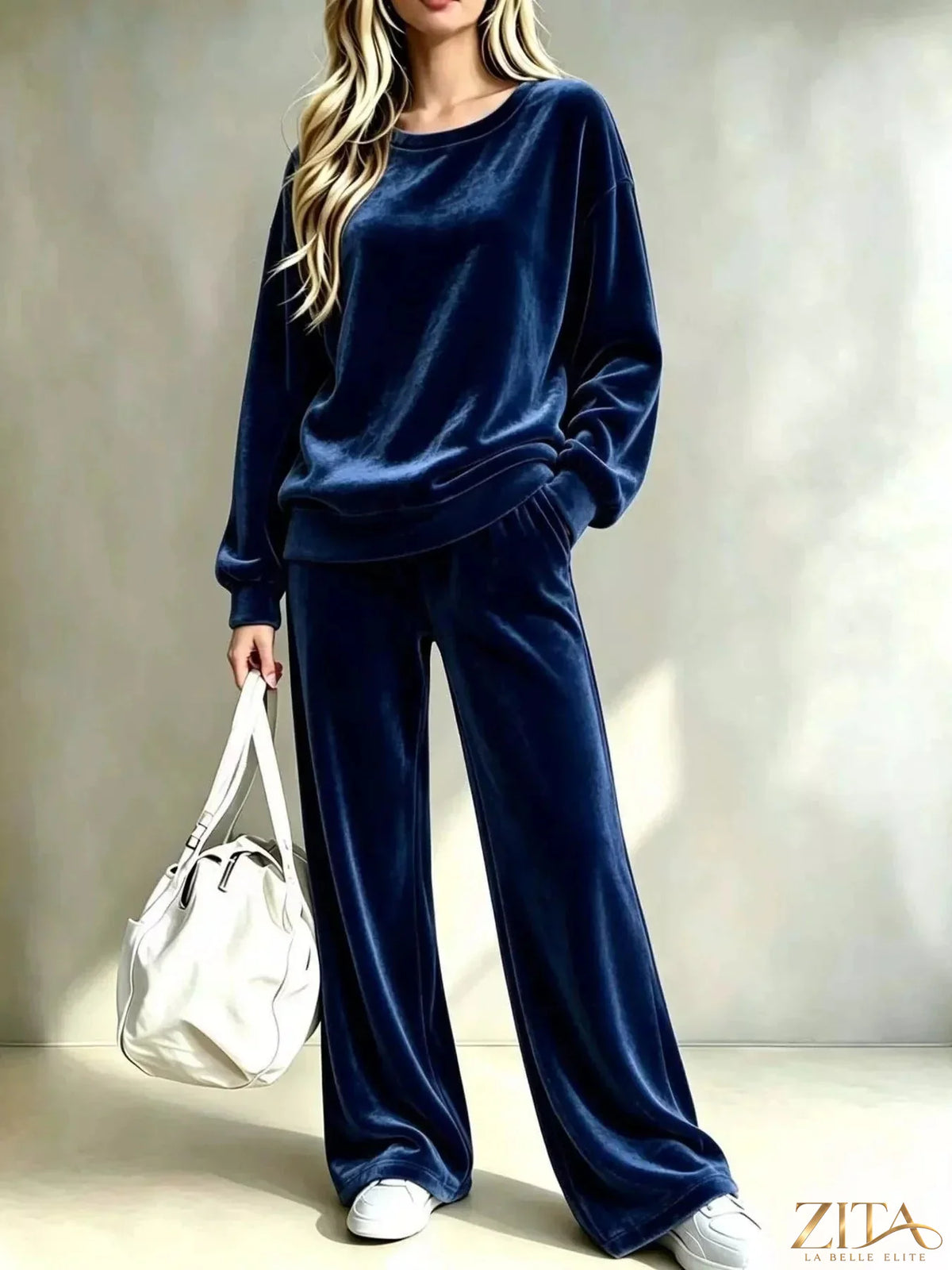 Plus size velvet top and wide-leg pants set by Zita La Belle Elite, featuring dropped shoulders and a stylish, comfortable fit.
