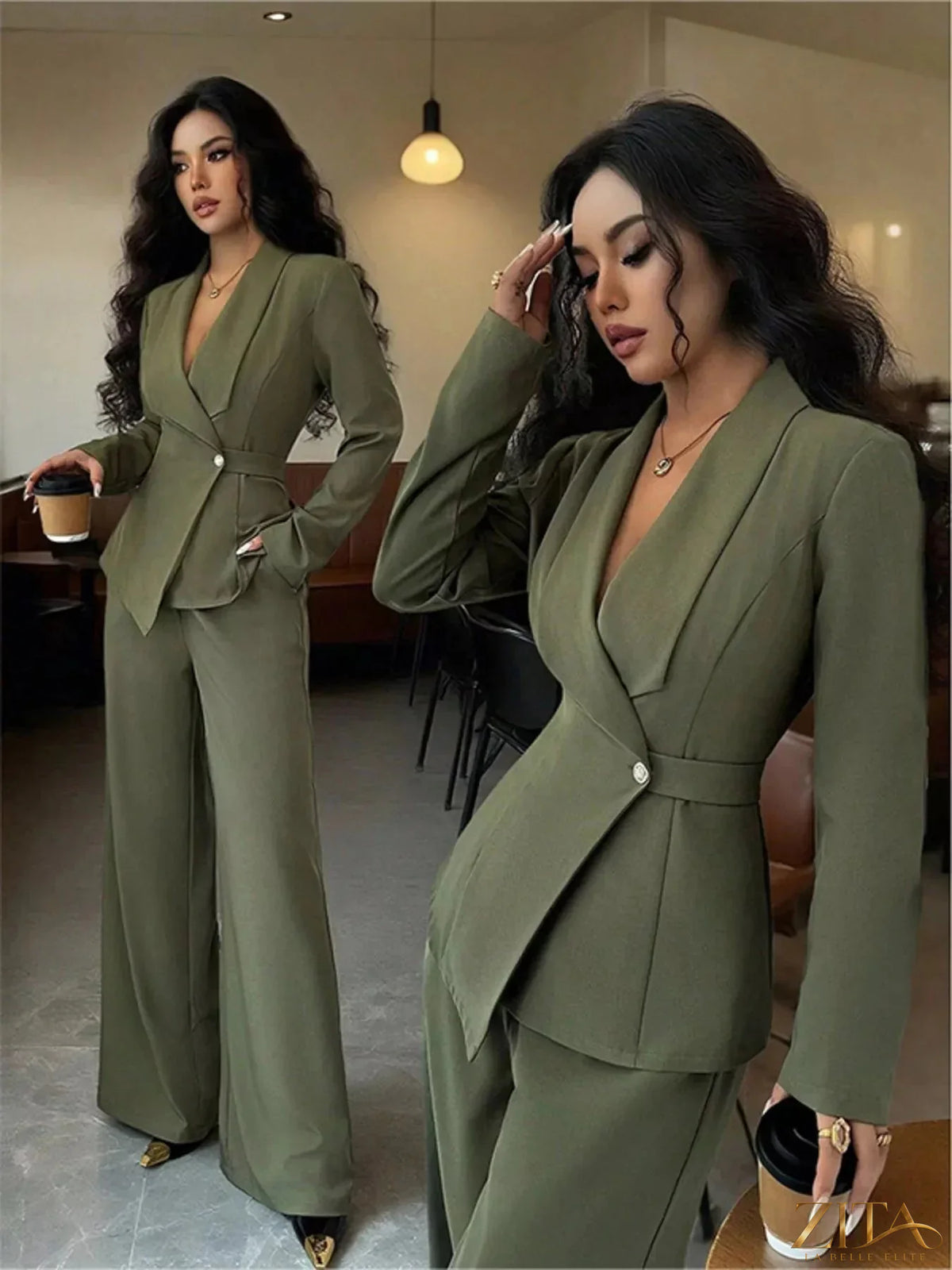 Zita La Belle Elite one-button blazer and matching pants set in a stylish, tailored design, displayed on a mannequin.