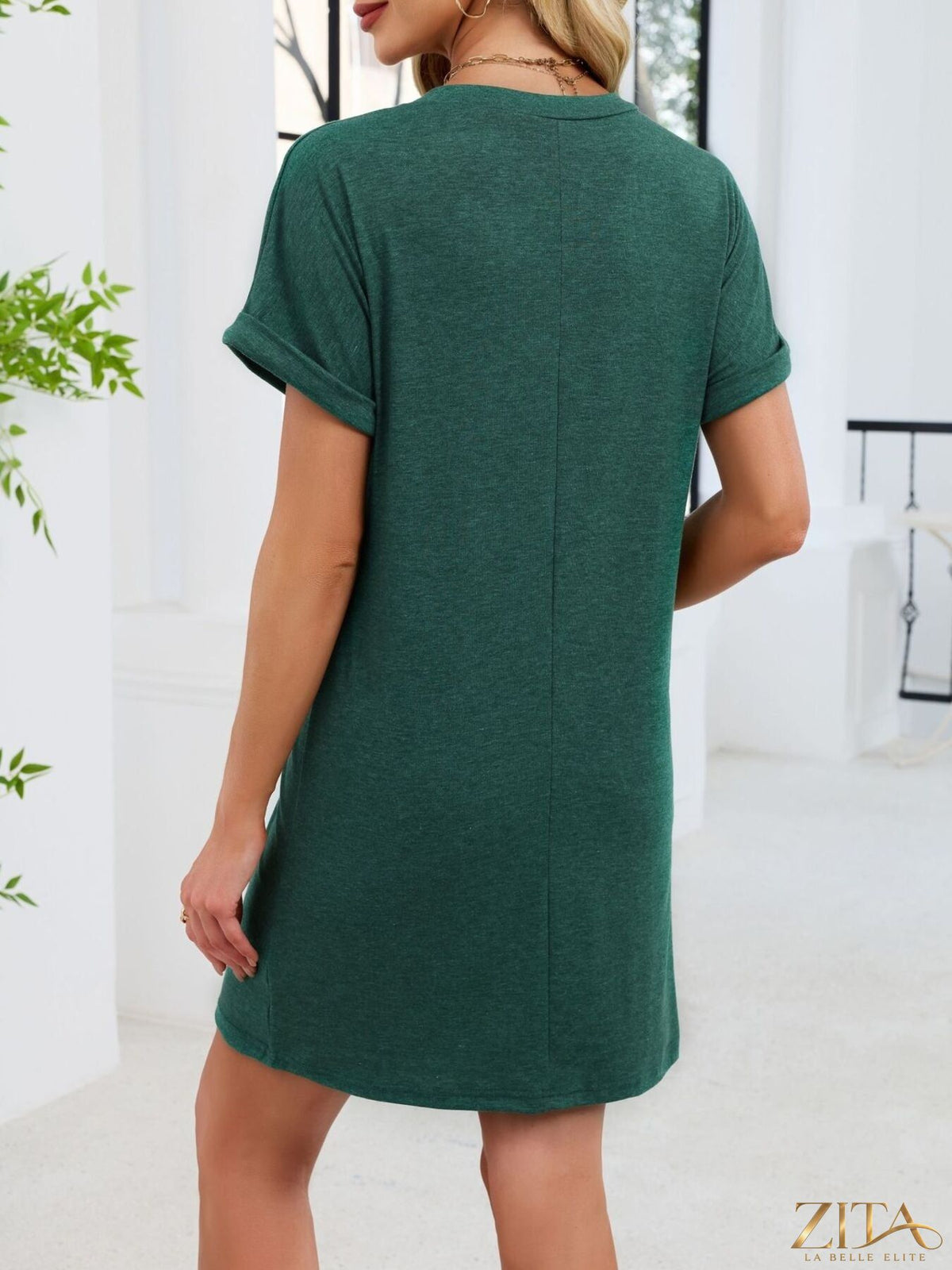 Zita La Belle Elite casual V-neck short sleeve T-shirt dress in soft fabric, displayed flat with a relaxed fit and neutral background.