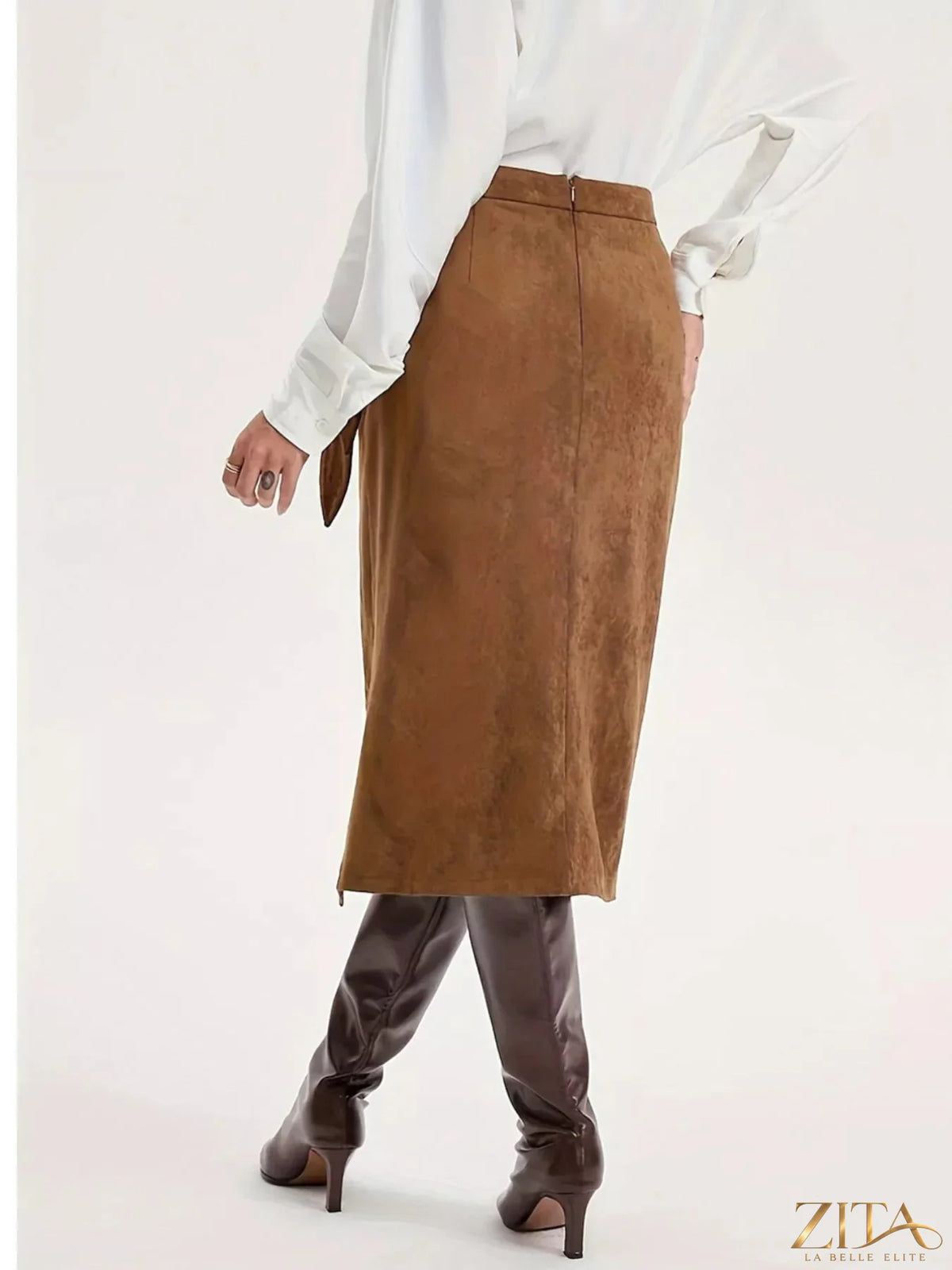 Trendsi wrap midi skirt in soft fabric with a stylish midi length, featuring a flattering wrap design and neutral color.