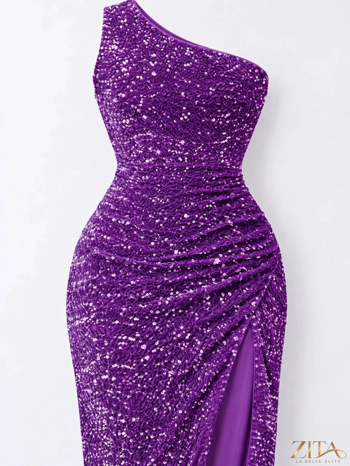 Zita La Belle Elite one-shoulder ruched sequin evening dress with high slit, elegant and glamorous for formal occasions.