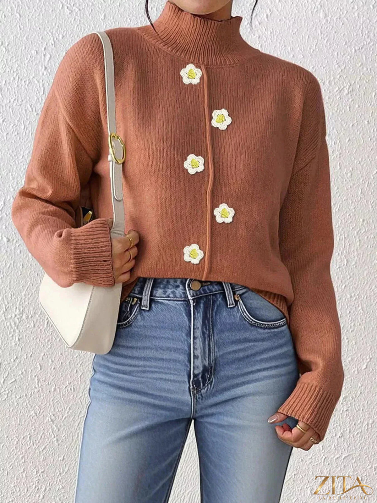 Zita La Belle Elite floral applique turtleneck sweater featuring colorful floral embroidery on a cozy knit fabric.