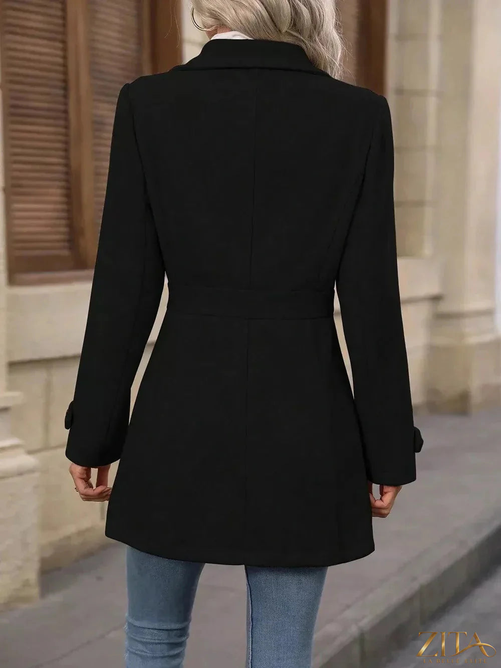 Zita La Belle Elite collared neck button-up coat in neutral fabric, featuring a classic design and front button closure.