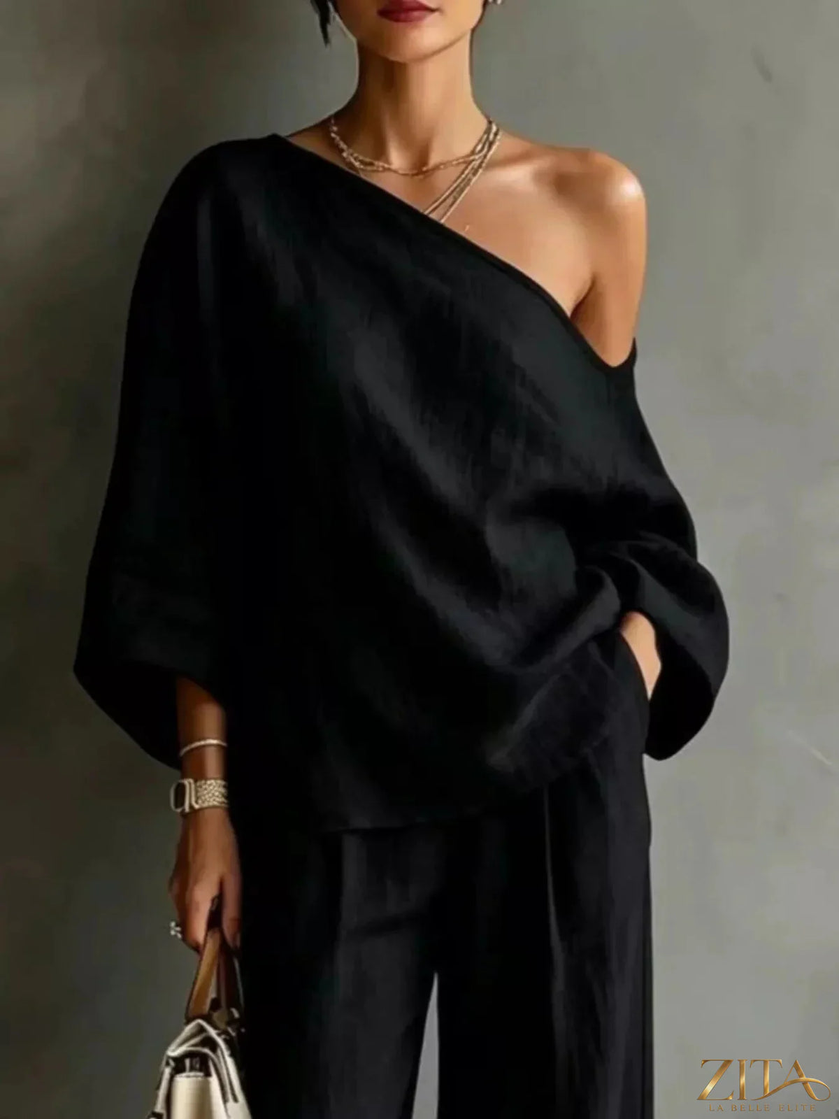 Zita La Belle Elite one shoulder top and wide-leg pants set in stylish, coordinated fashion, shown in a full-length image.