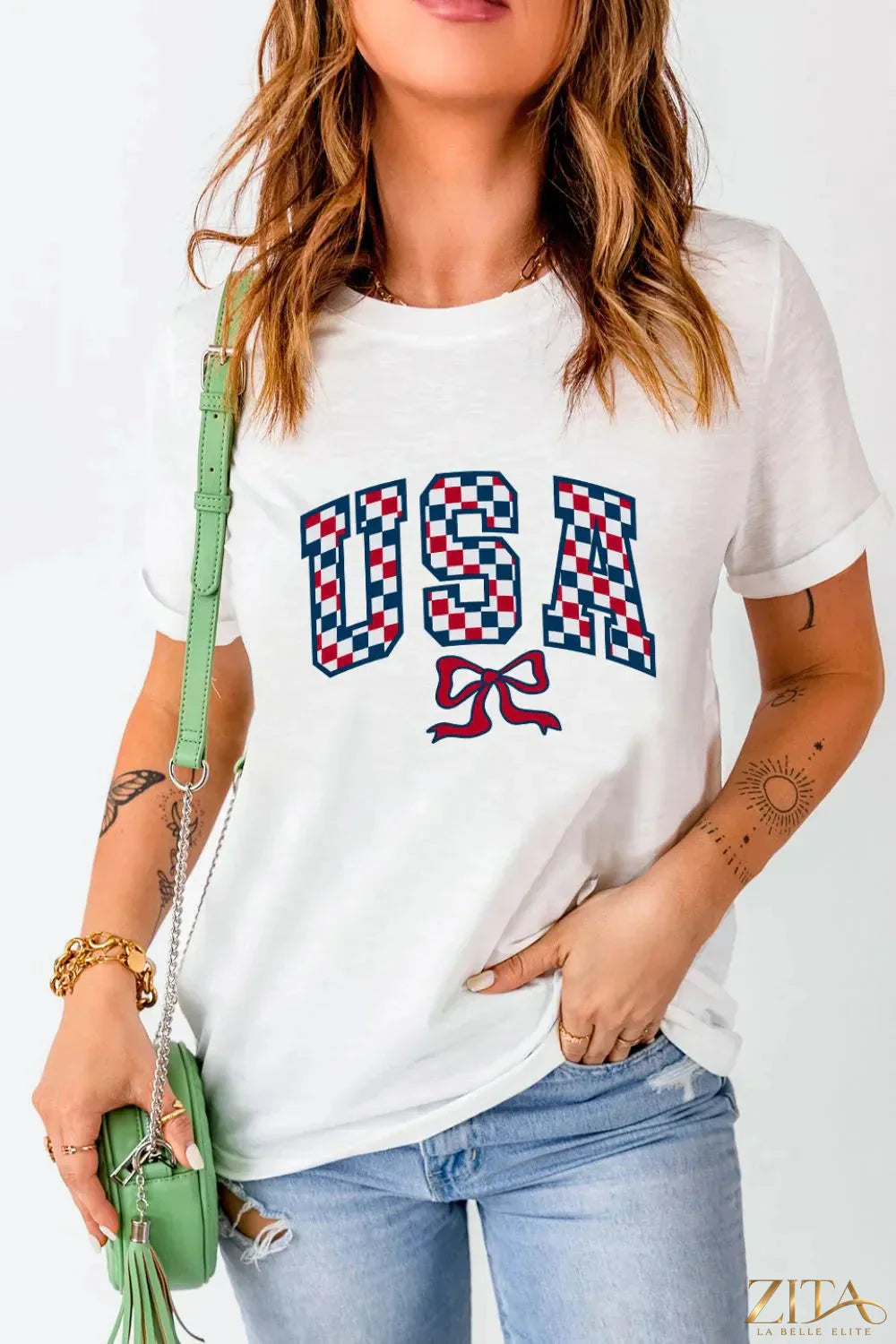 Checkered USA graphic T-shirt with round neck in red, white, and blue from Trendsi, featuring a patriotic flag design.