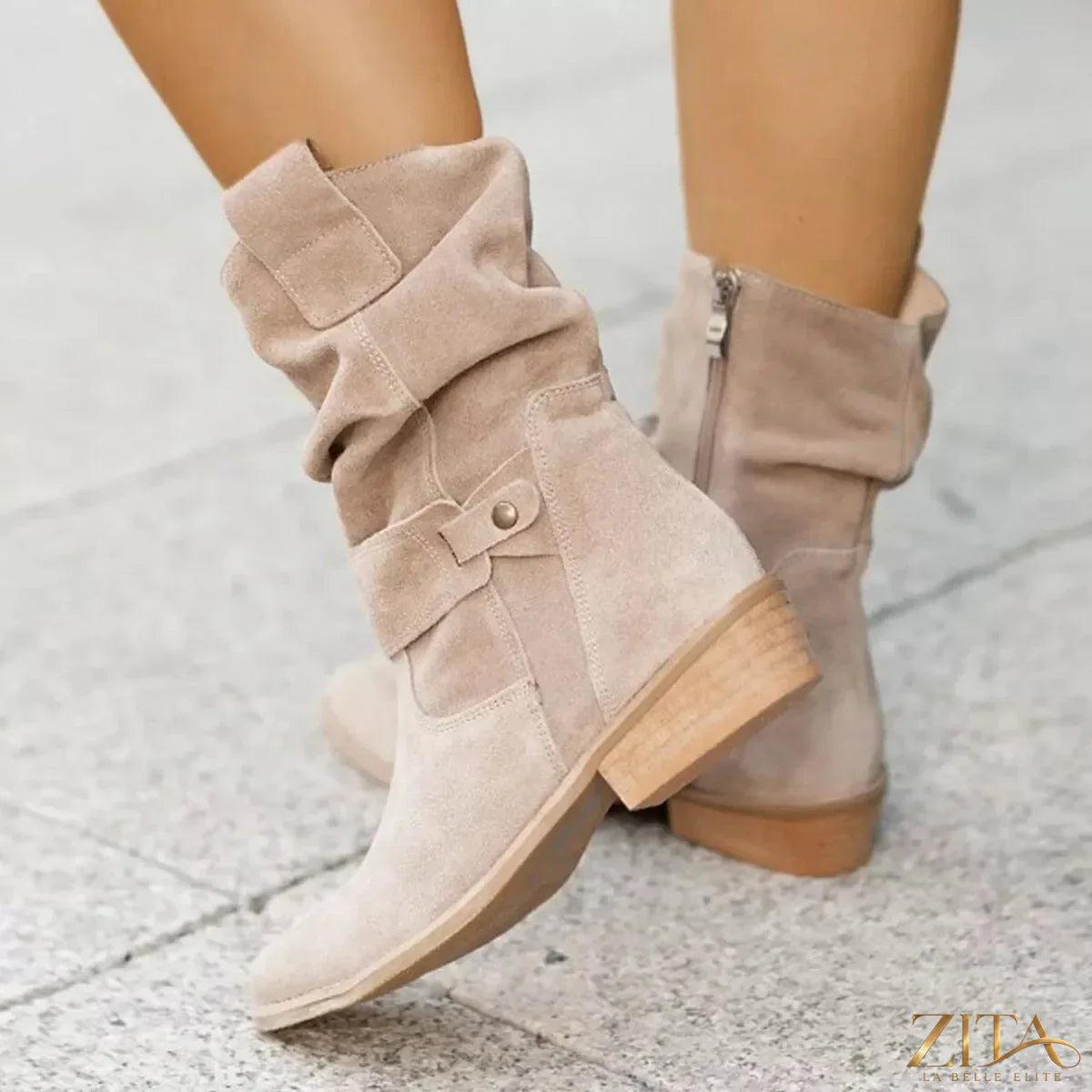 Zita La Belle Elite suede mid-calf boots with rounded toes and stacked heels, stylish and perfect for fall fashion.