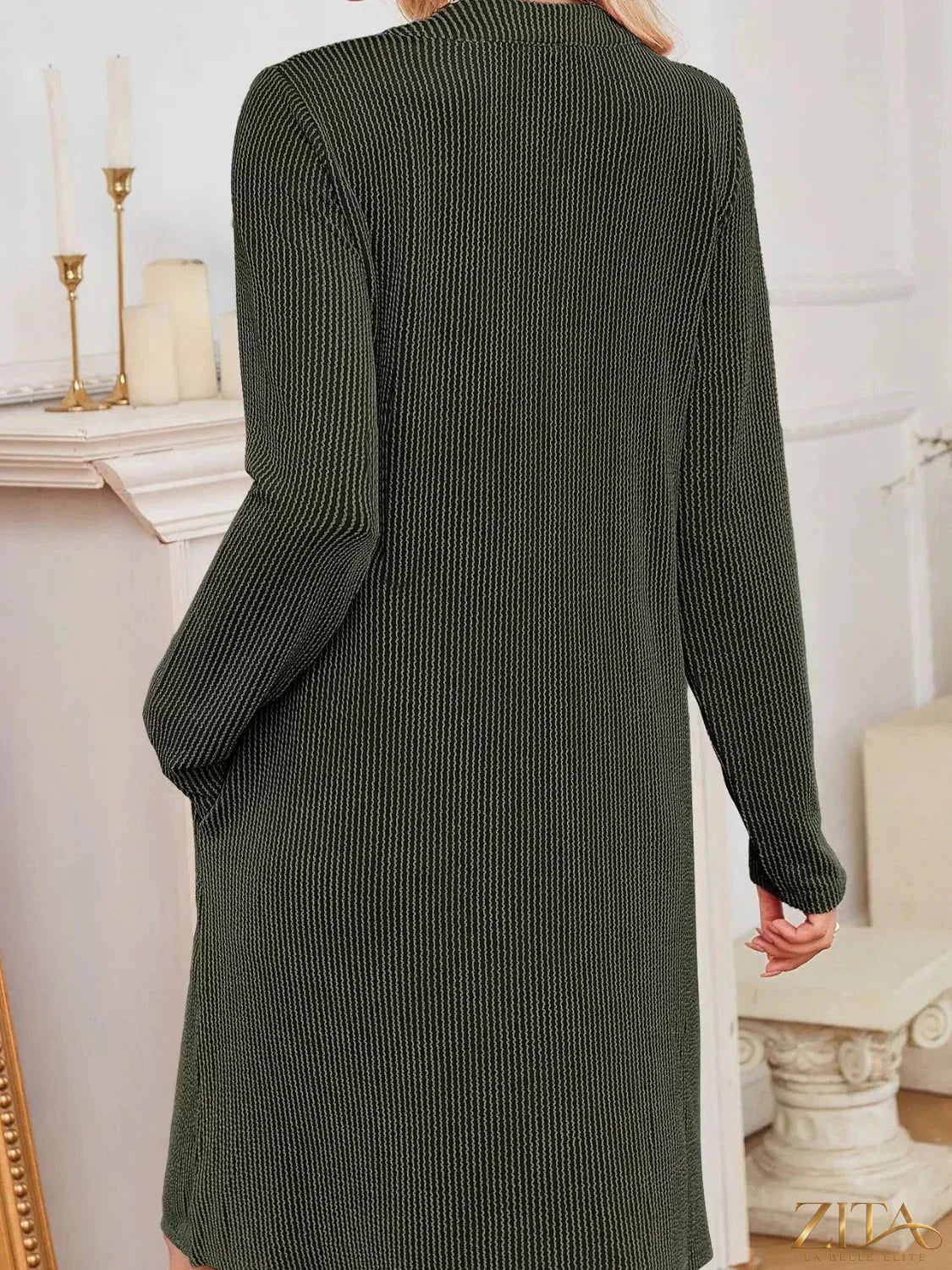 Zita La Belle Elite casual ribbed knit long sleeve dress in a soft, fitted style, shown on a model with a relaxed pose.