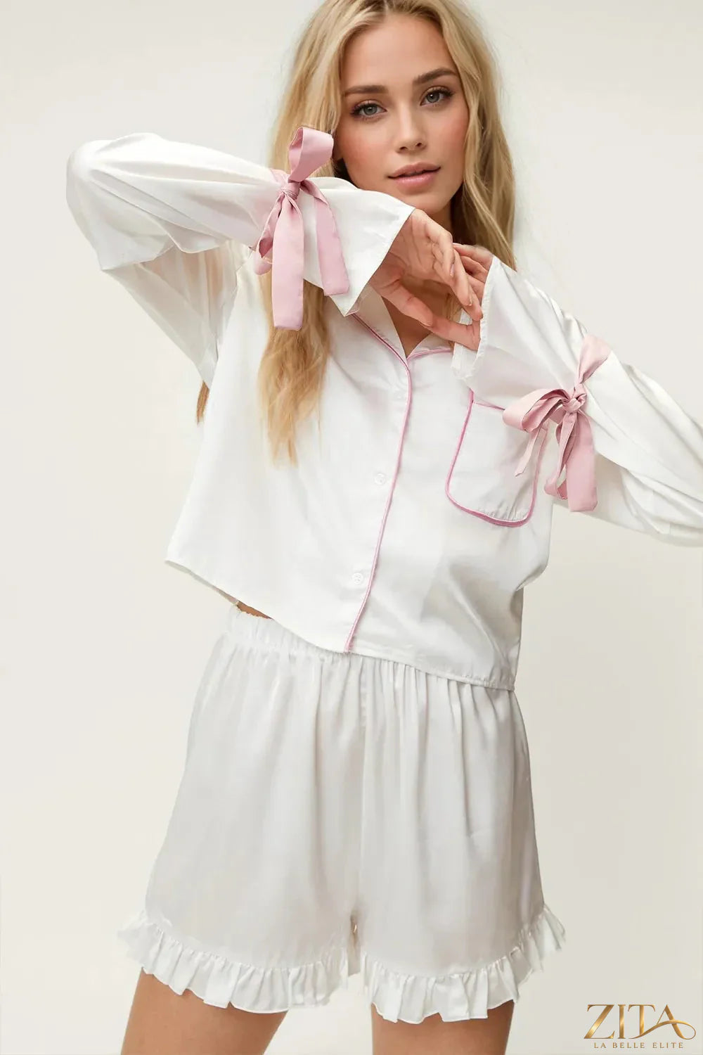 Zita La Belle Elite Basic Bae tied cuff collared neck top and frill shorts lounge set on a model, showing relaxed, stylish casual wear.
