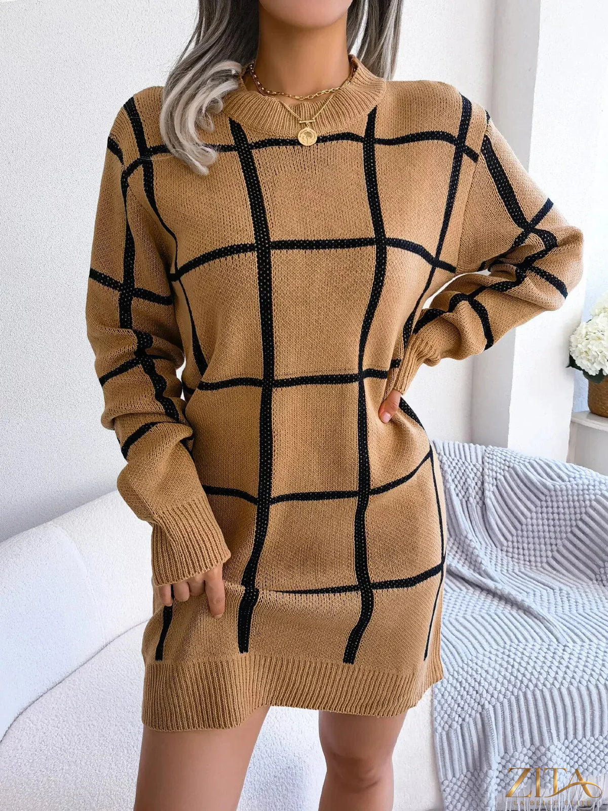Zita La Belle Elite plaid long sleeve sweater dress with a cozy, stylish pattern and a comfortable fit.