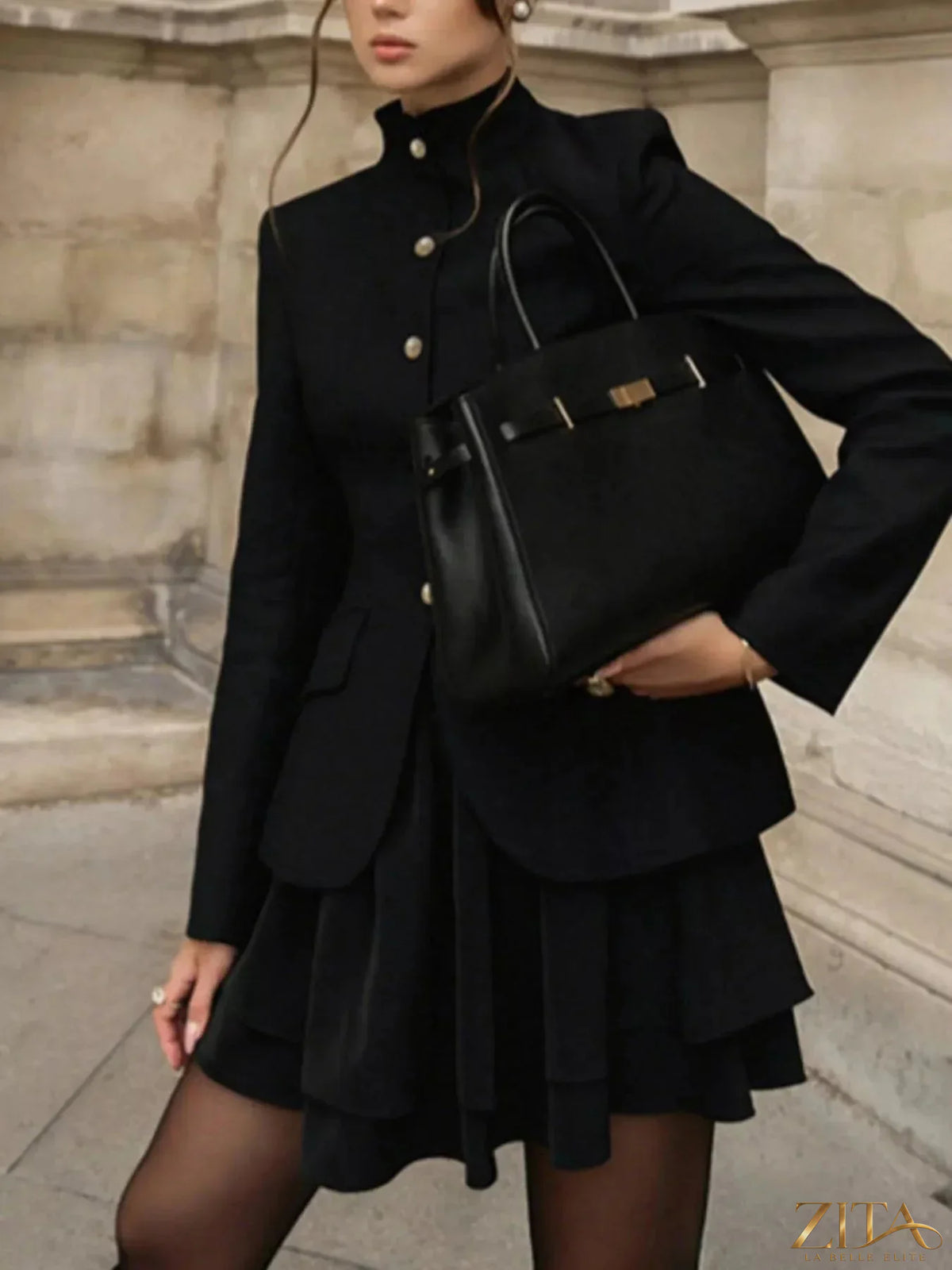 Elegant Zita La Belle Elite stand collar blazer and matching mini skirt set, stylish and sophisticated for modern fashion.
