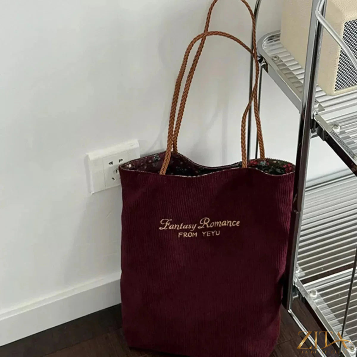 Zita La Belle Elite corduroy tote bag with brown handles and spacious interior, ideal for everyday use.