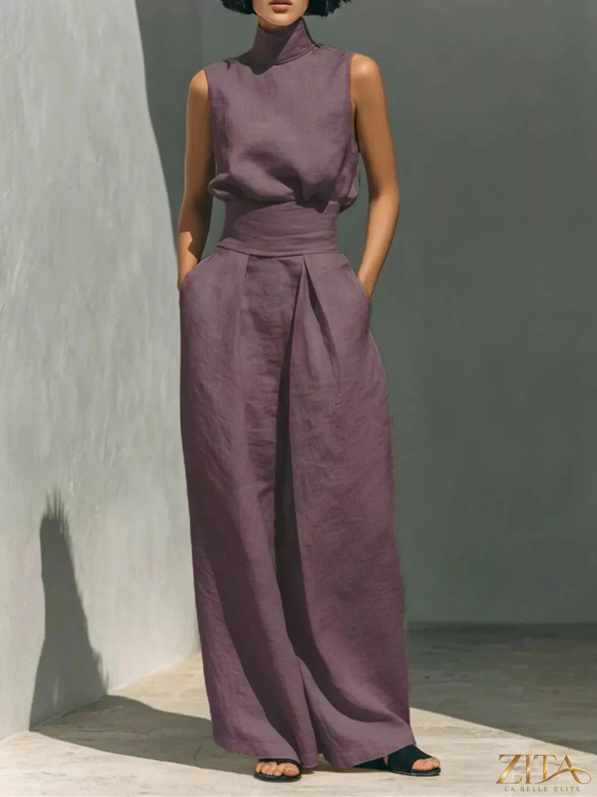 Plus size Zita La Belle Elite sleeveless turtleneck top and wide-leg pants set, featuring a stylish, comfortable fit.