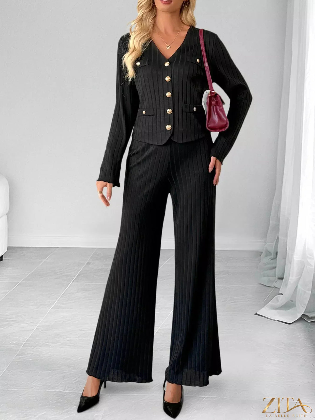 Zita La Belle Elite ribbed knit cardigan and wide-leg pants set, featuring a textured knit design and relaxed fit.