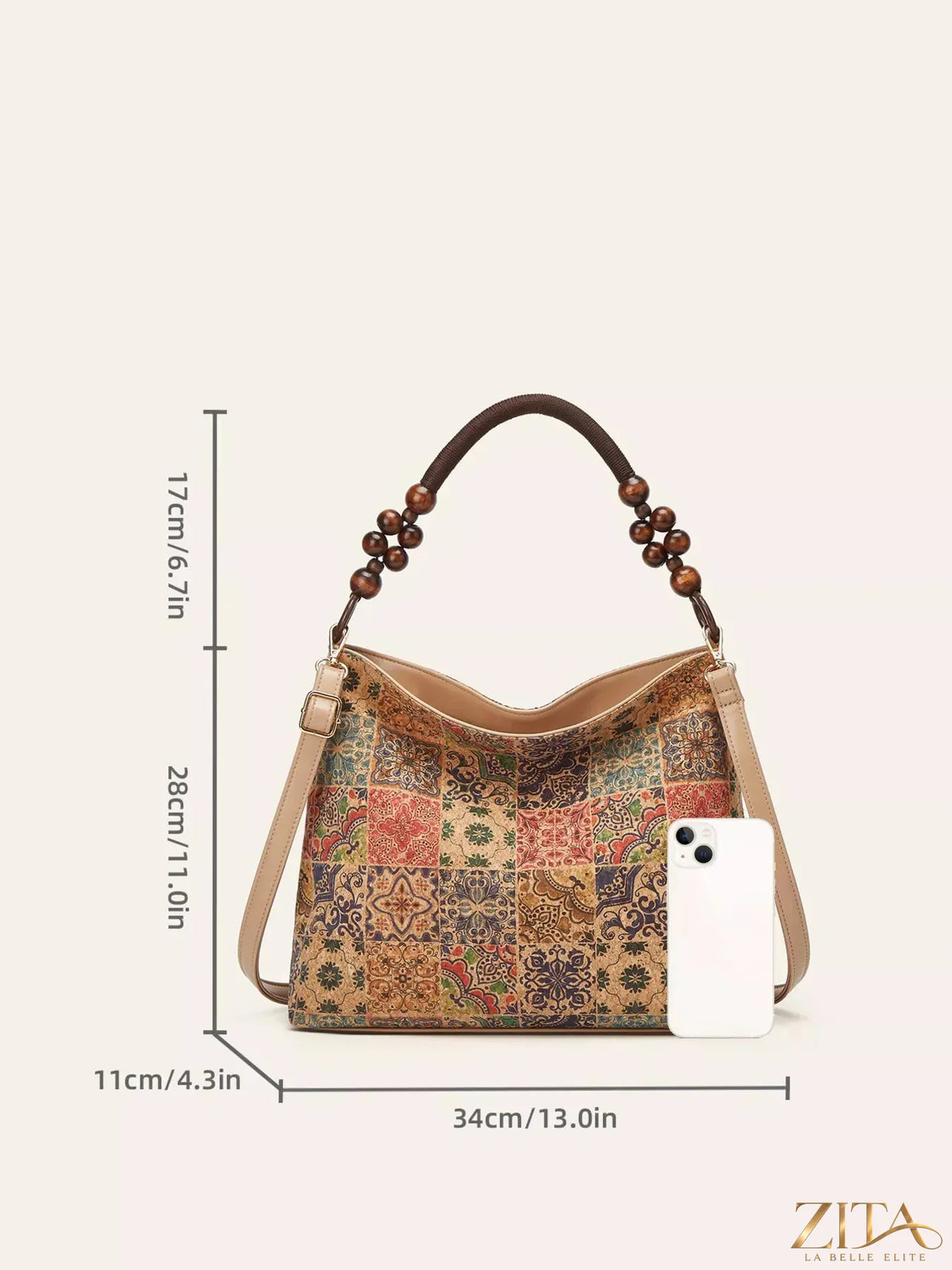 Bohemian geometric pattern hobo handbag by Zita La Belle Elite with intricate design and spacious interior in natural leather tones.