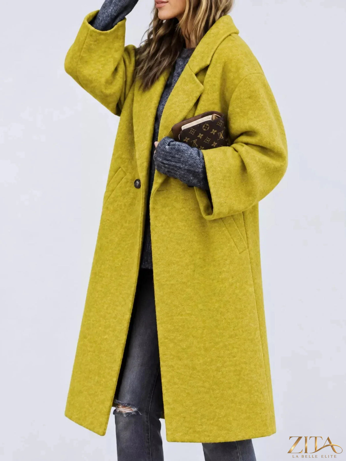 Plus size Zita La Belle Elite full size coat with lapel collar and single button closure, featuring a stylish and comfortable design.