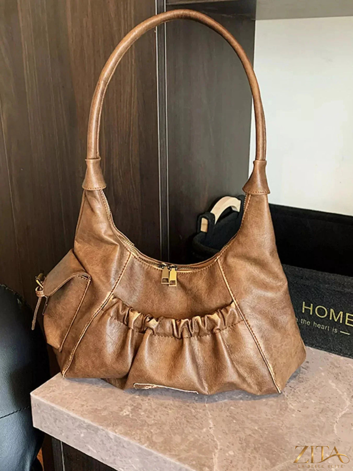 Vintage ruched hobo shoulder bag by Zita La Belle Elite, featuring a soft leather design and spacious interior.