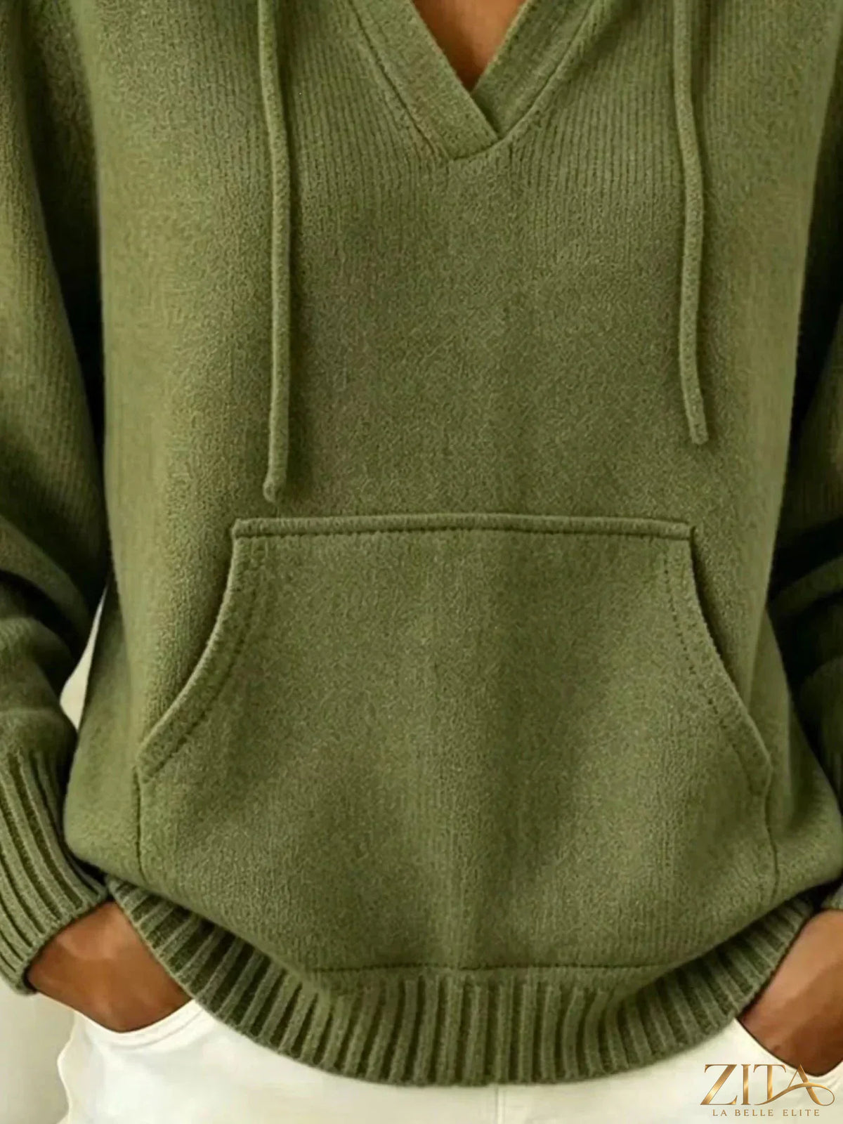 Gray hooded sweater with kangaroo pocket from Trendsi, featuring a relaxed fit and soft fabric, shown on a mannequin.