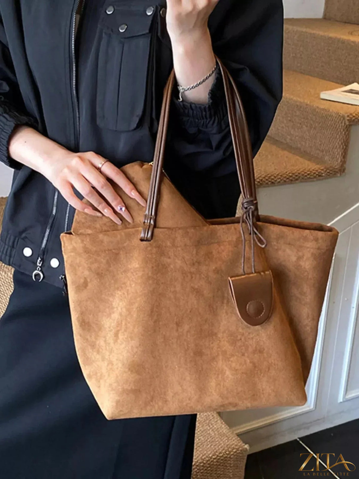 Zita La Belle Elite classic suede tote bag with sturdy handles and spacious interior, natural tan color, and elegant design.