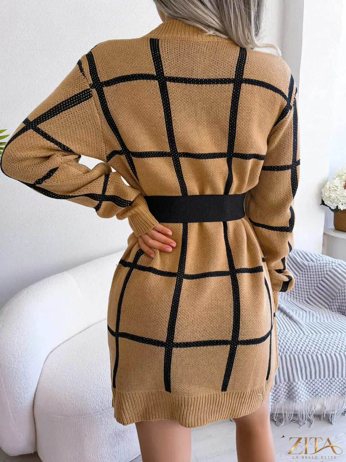 Zita La Belle Elite plaid pattern long sleeve sweater dress displayed on a model, featuring a cozy, stylish design perfect for cooler weather.