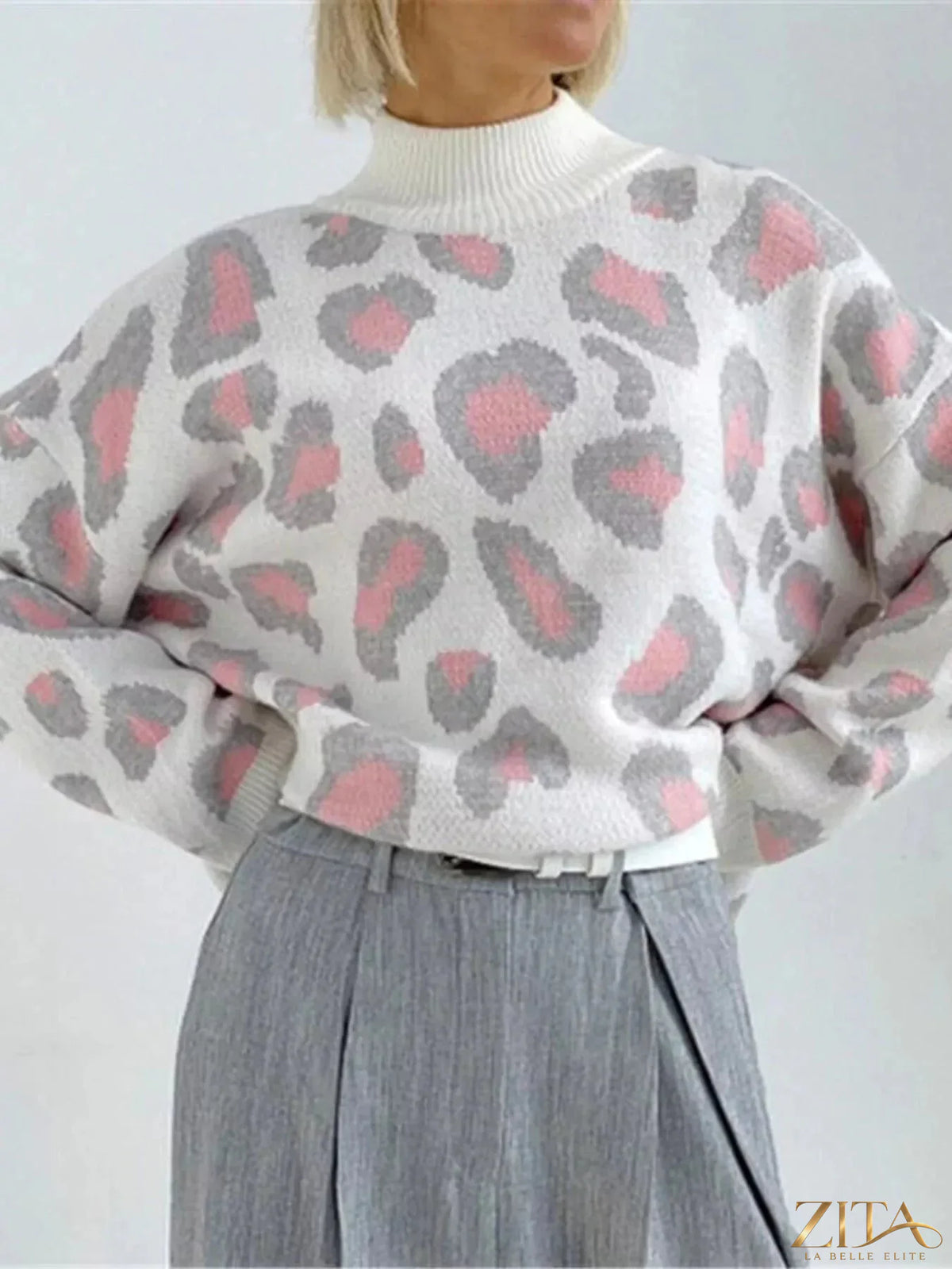 Zita La Belle Elite leopard print high neck sweater with long sleeves and ribbed hem, cozy and stylish for fall and winter wear.