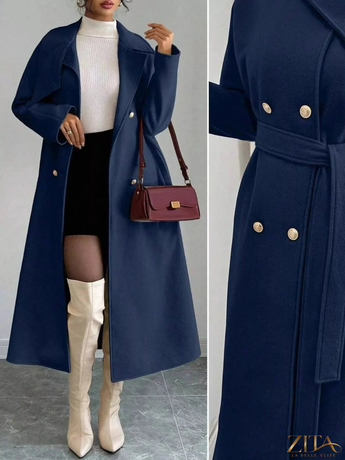 Zita La Belle Elite double-breasted longline coat in dark fabric, featuring a tailored fit and classic lapel collar.