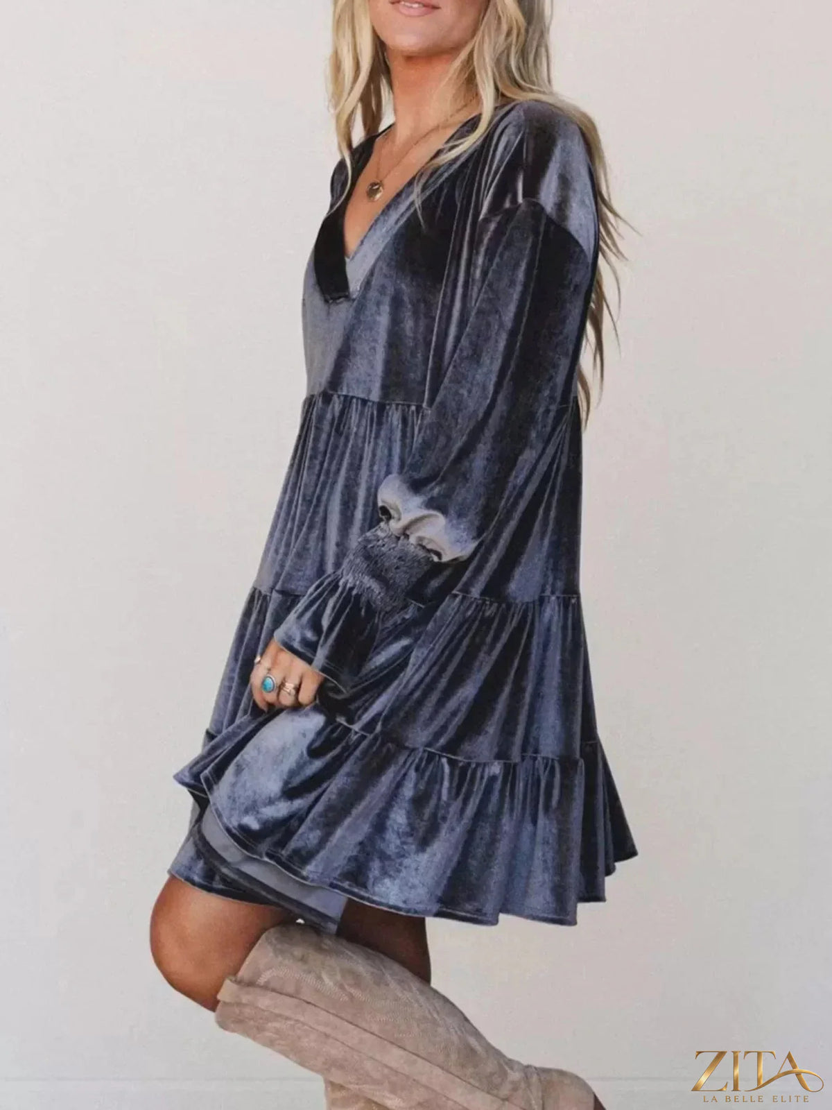 Velvet tiered mini dress with balloon sleeves by Zita La Belle Elite, featuring a stylish, textured fabric and a layered silhouette.