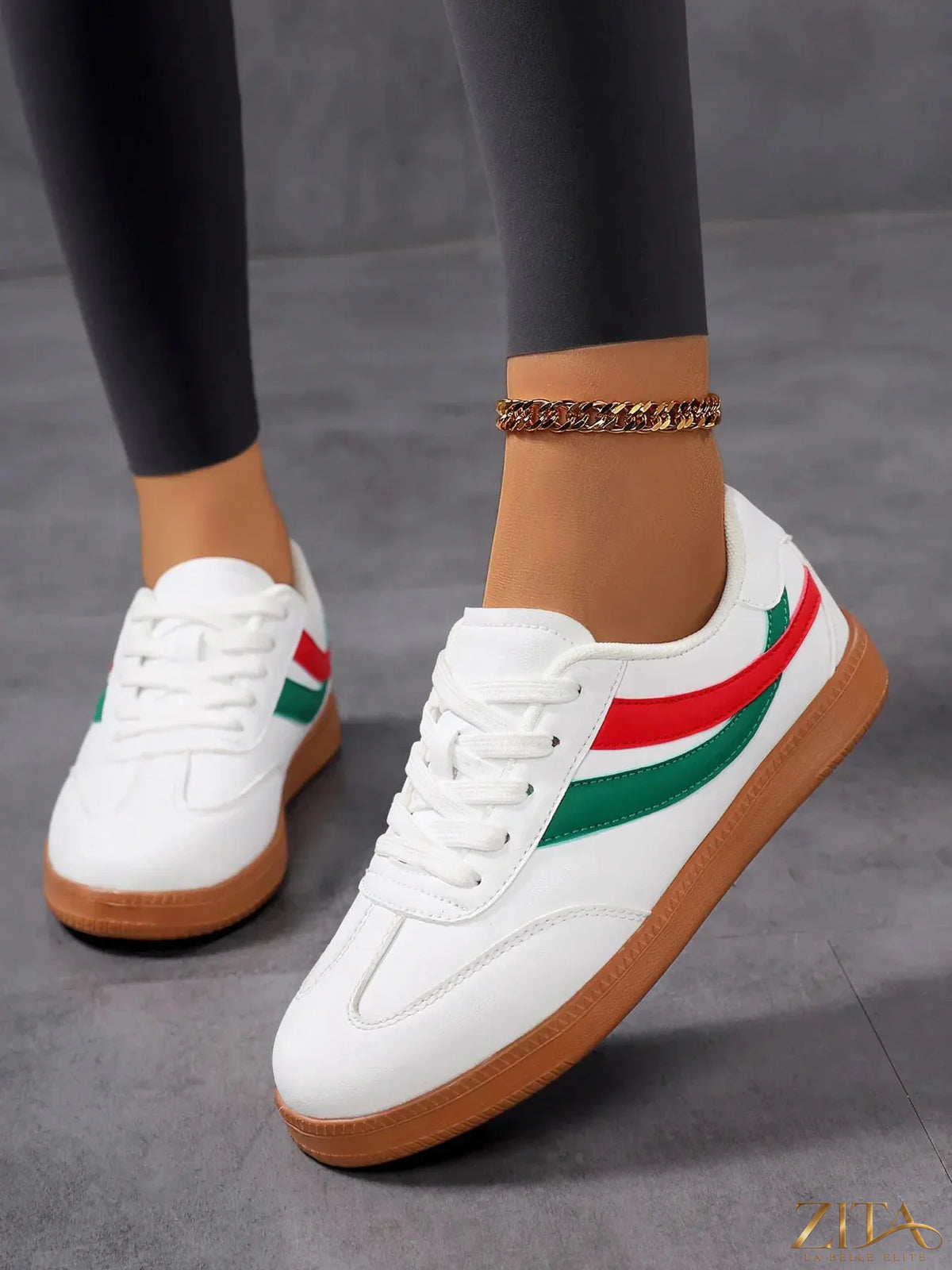 Zita La Belle Elite lace up flat sneakers with white and colorful stripe accents, casual footwear with a comfortable design.