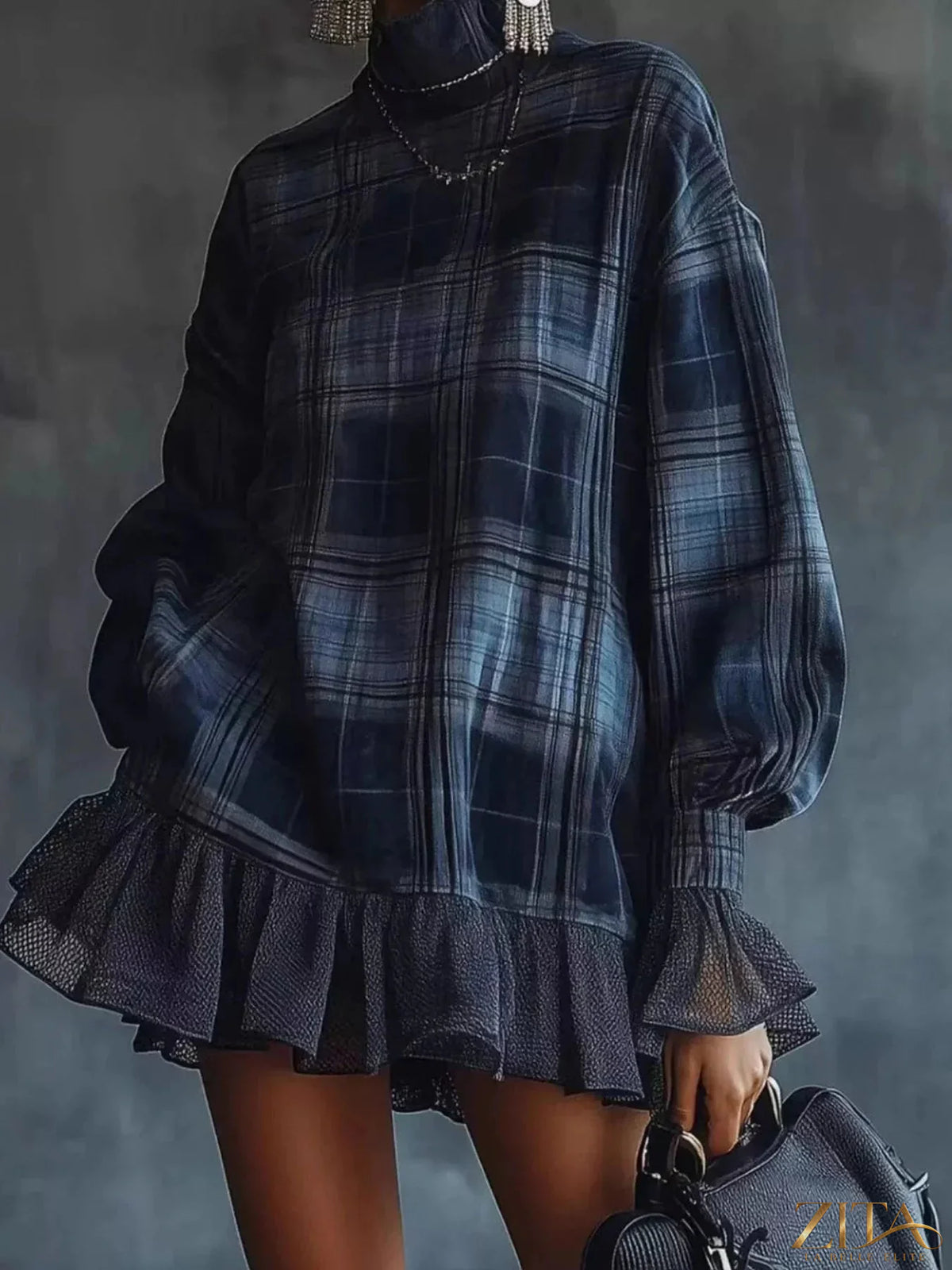 Plus size plaid high-neck mini dress with ruffled hem by Zita La Belle Elite, showcasing its stylish full-size design.