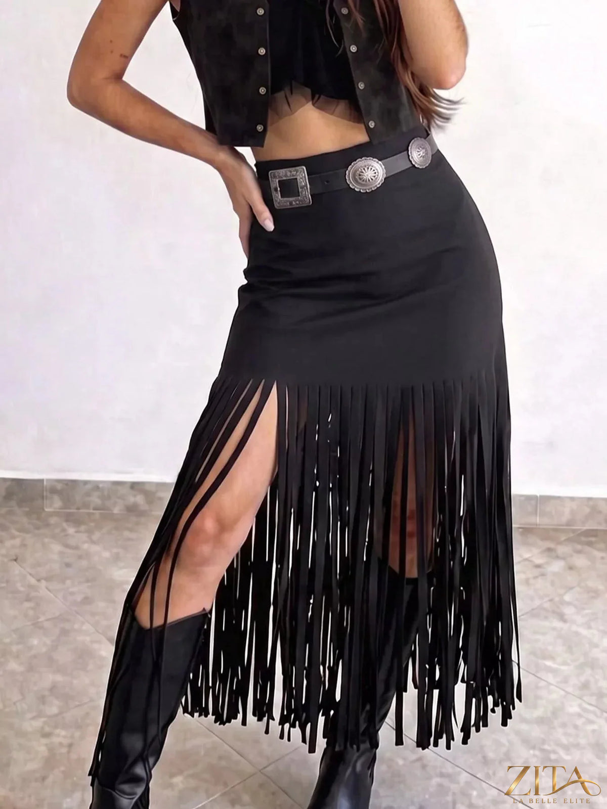 Zita La Belle Elite high-waisted fringe midi skirt with flowing fringe details and a stylish silhouette, perfect for trendy outfits.
