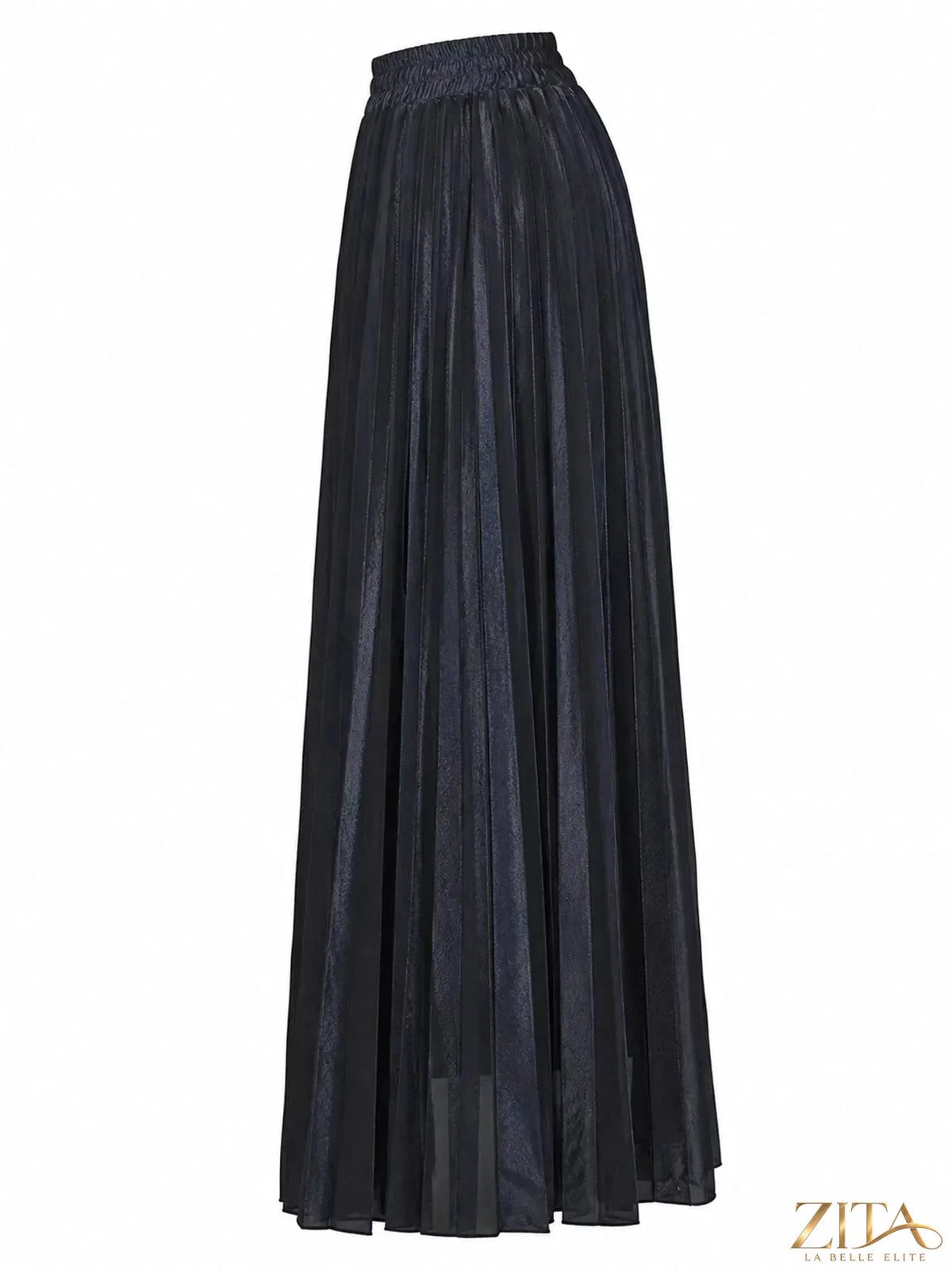 High-waisted pleated maxi skirt by Trendsi, flowing fabric, with vertical pleats, styled for a chic, elegant look.