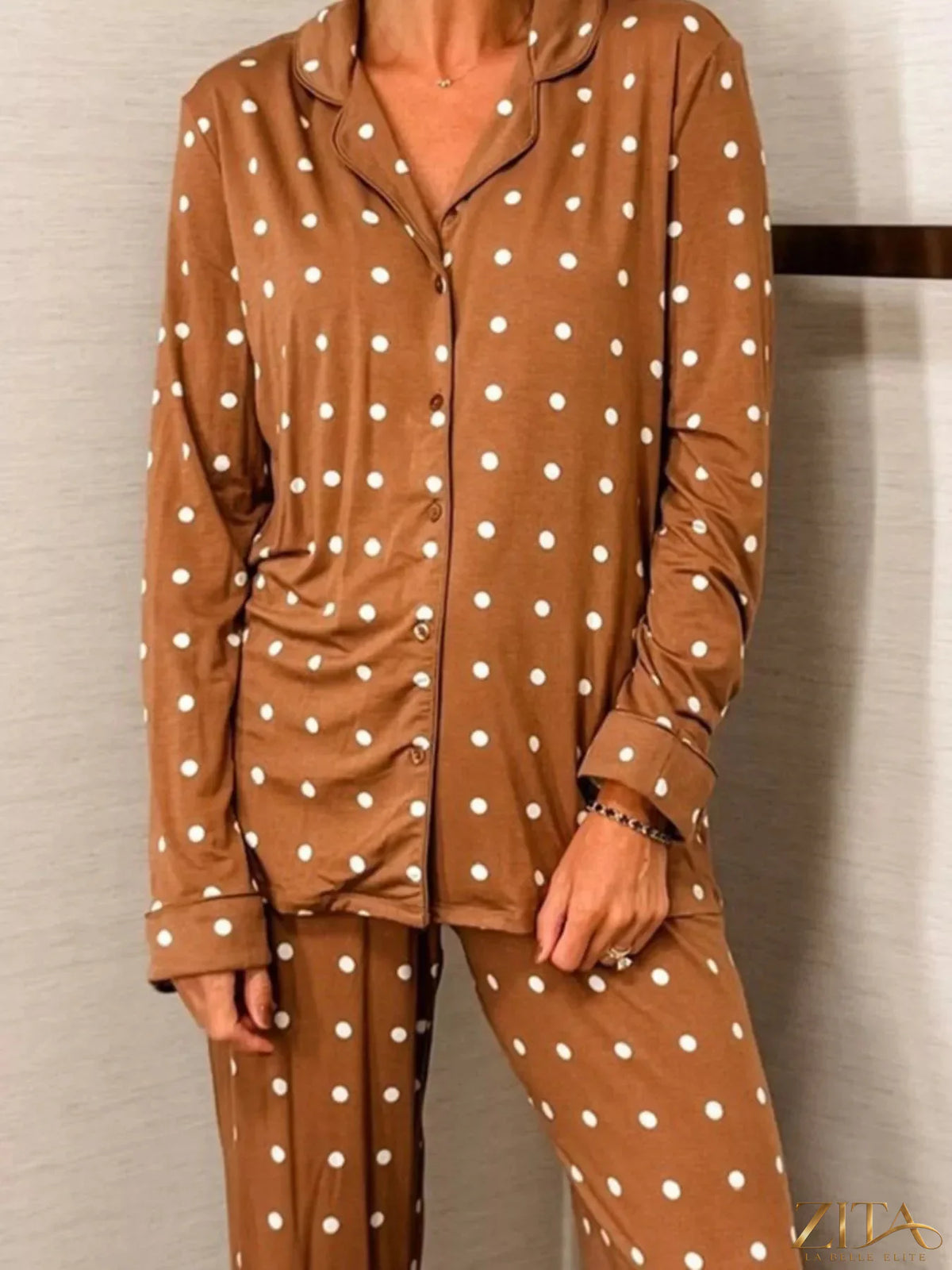 Zita La Belle Elite polka dot button-down top and matching pants lounge set, casual and stylish for relaxed wear