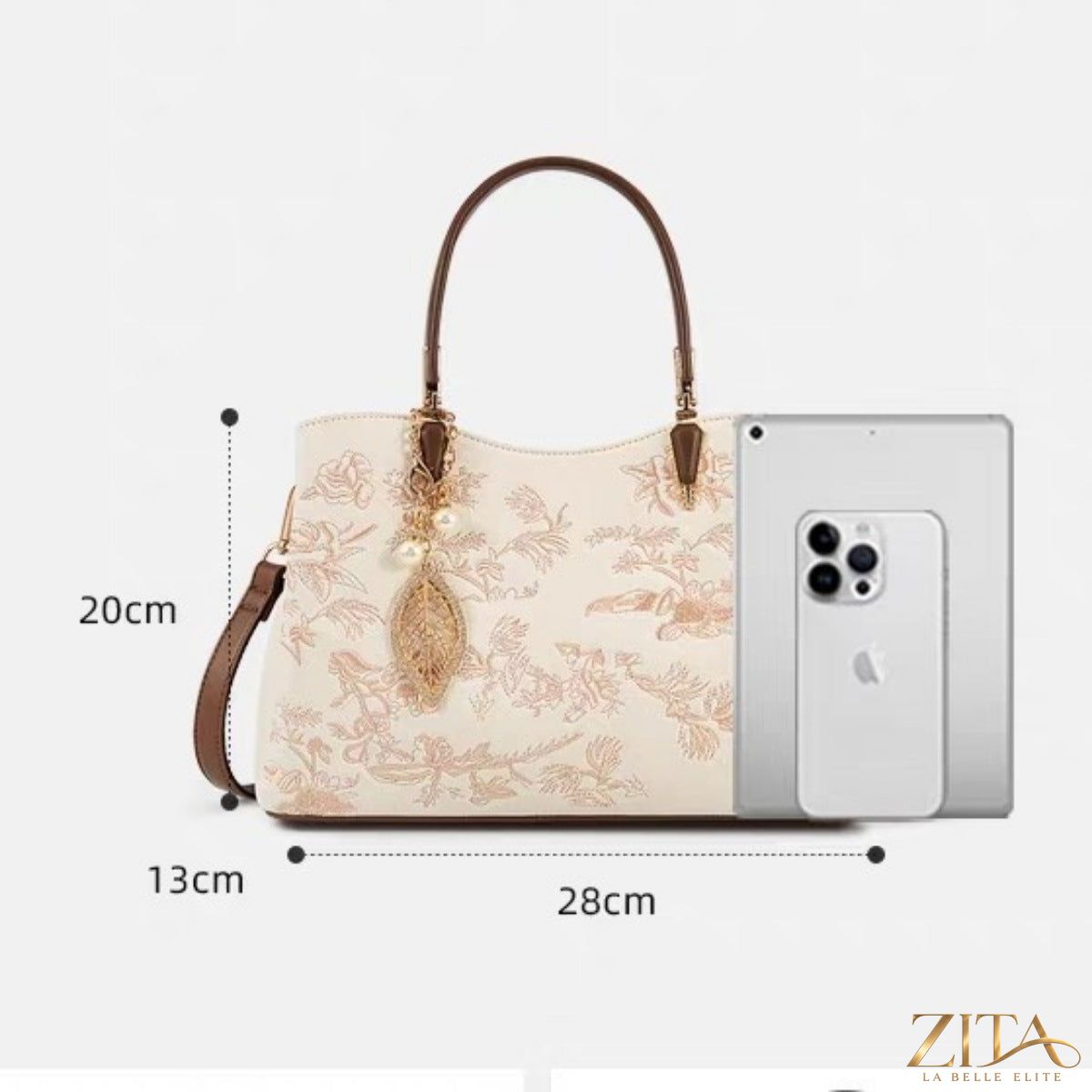 Embroidered floral leather handbag by Zita La Belle Elite with detailed floral embroidery and elegant leather design.