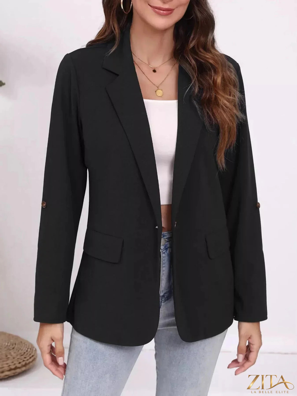 Zita La Belle Elite lapel collar blazer with roll-up sleeves, tailored fit, and classic design for stylish office or casual wear.