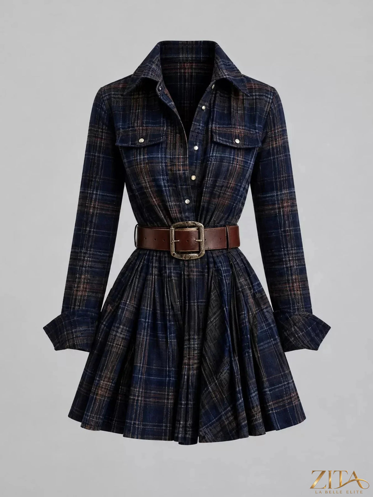 Zita La Belle Elite plaid long-sleeve shirt dress with button front and collar, styled casually on a model.